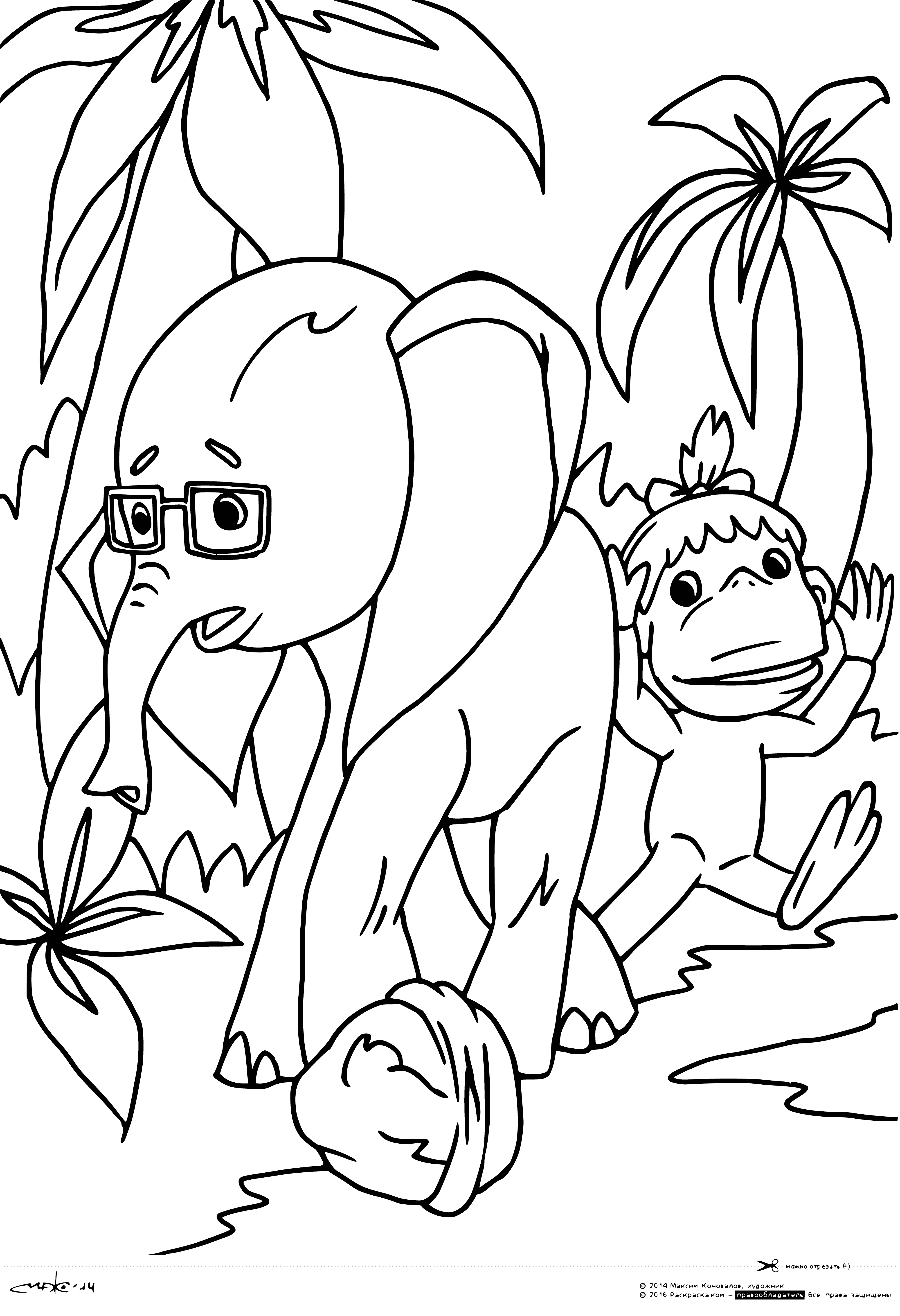 coloring page: 38 parrots of various colors perch; some eating, some preening & some just sitting. Baby elephant & monkey play in background.