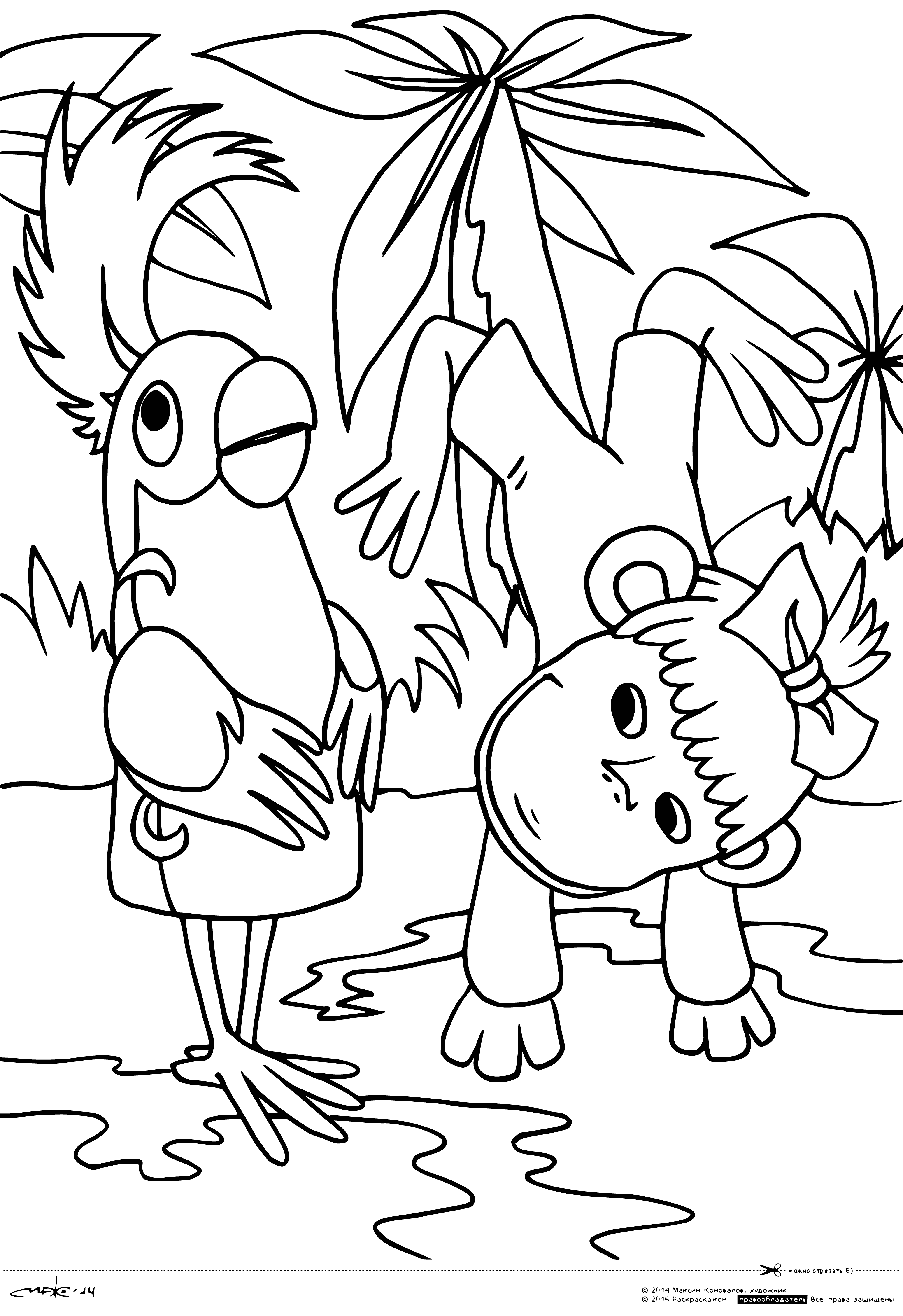 coloring page: 38 parrots & 1 monkey in a coloring page. Parrots are different colors & monkey is brown. Some parrots on the monkey's head, some flying.