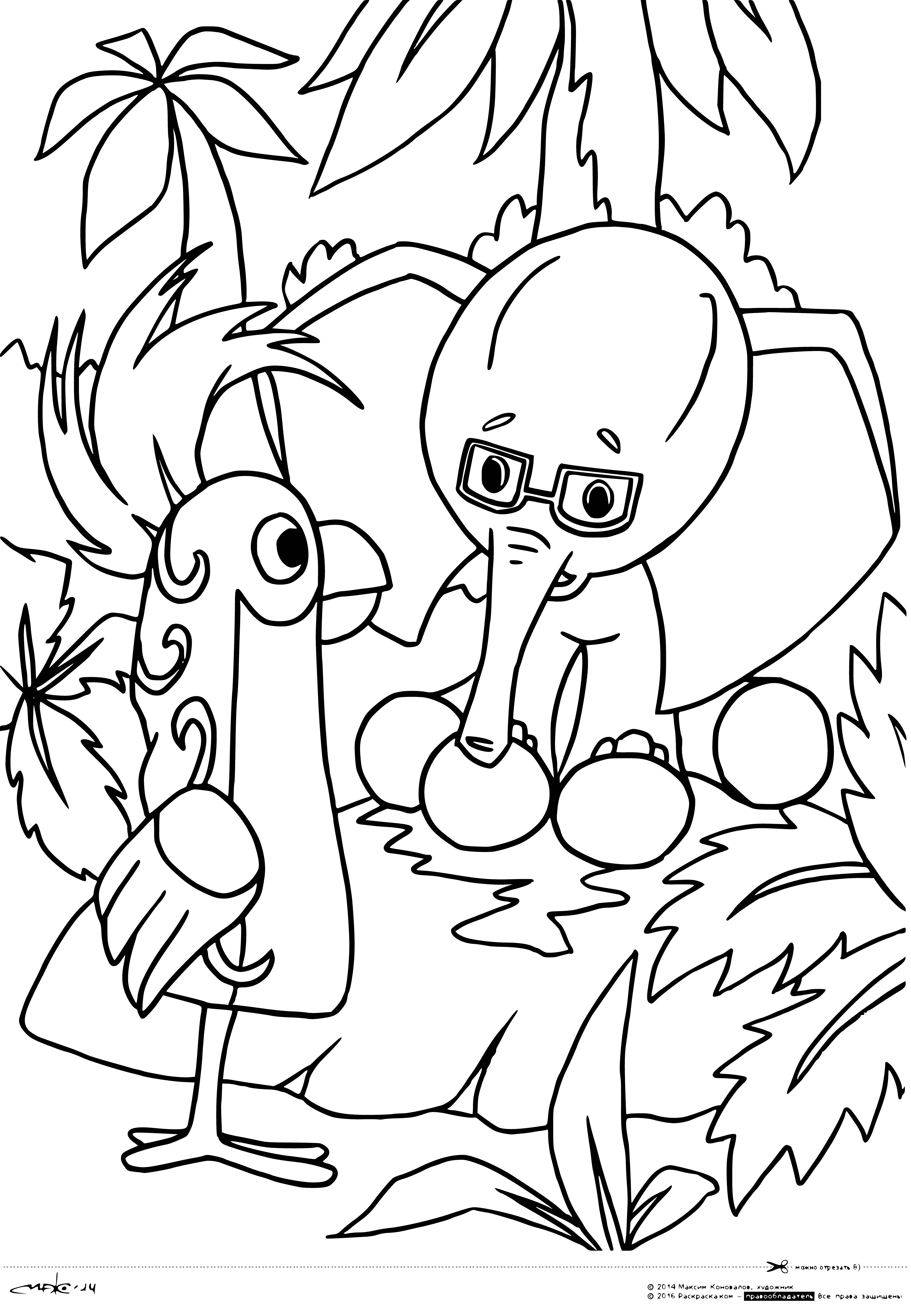 coloring page: 38 parrots & a baby elephant, some brightly colored & some more subdued, grace a coloring page, together on a branch. #coloring #elephant