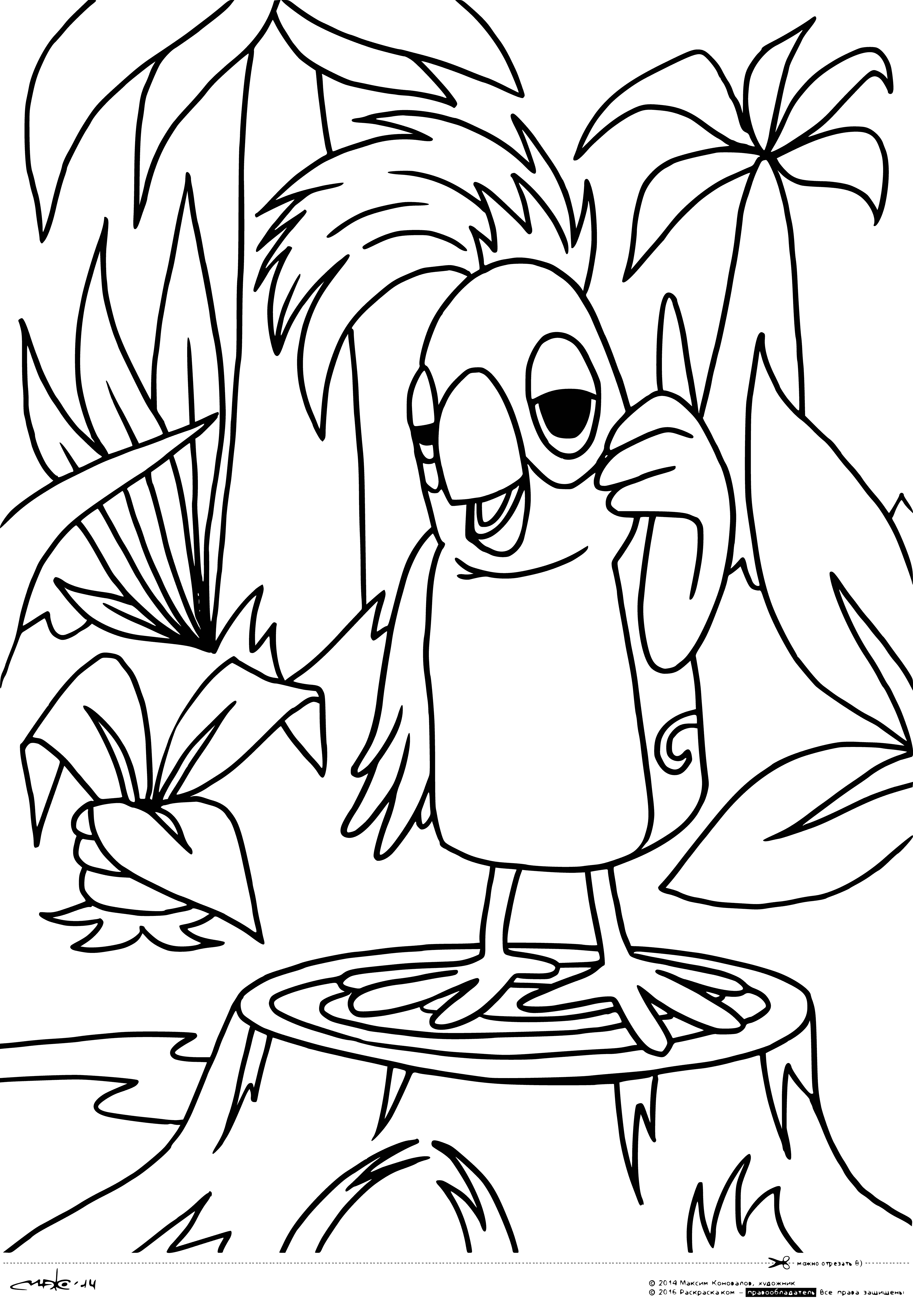 coloring page: 38 parrots of various colors & patterns pose in a rainforest, eating seeds, preening feathers. Ranging from bright green to orange to blue.