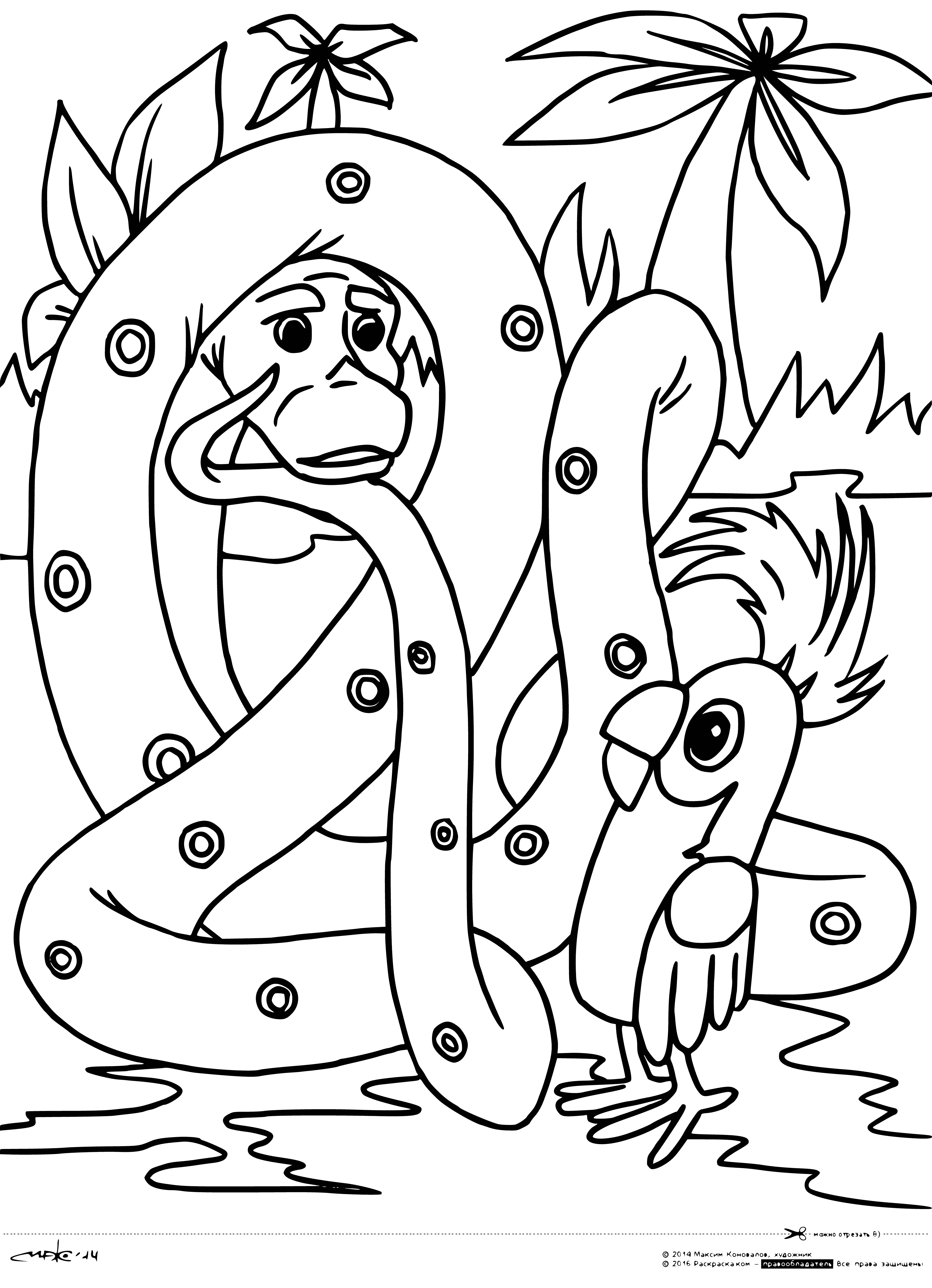 coloring page: Parrot trapped in boa constrictor's grip, beak agape.