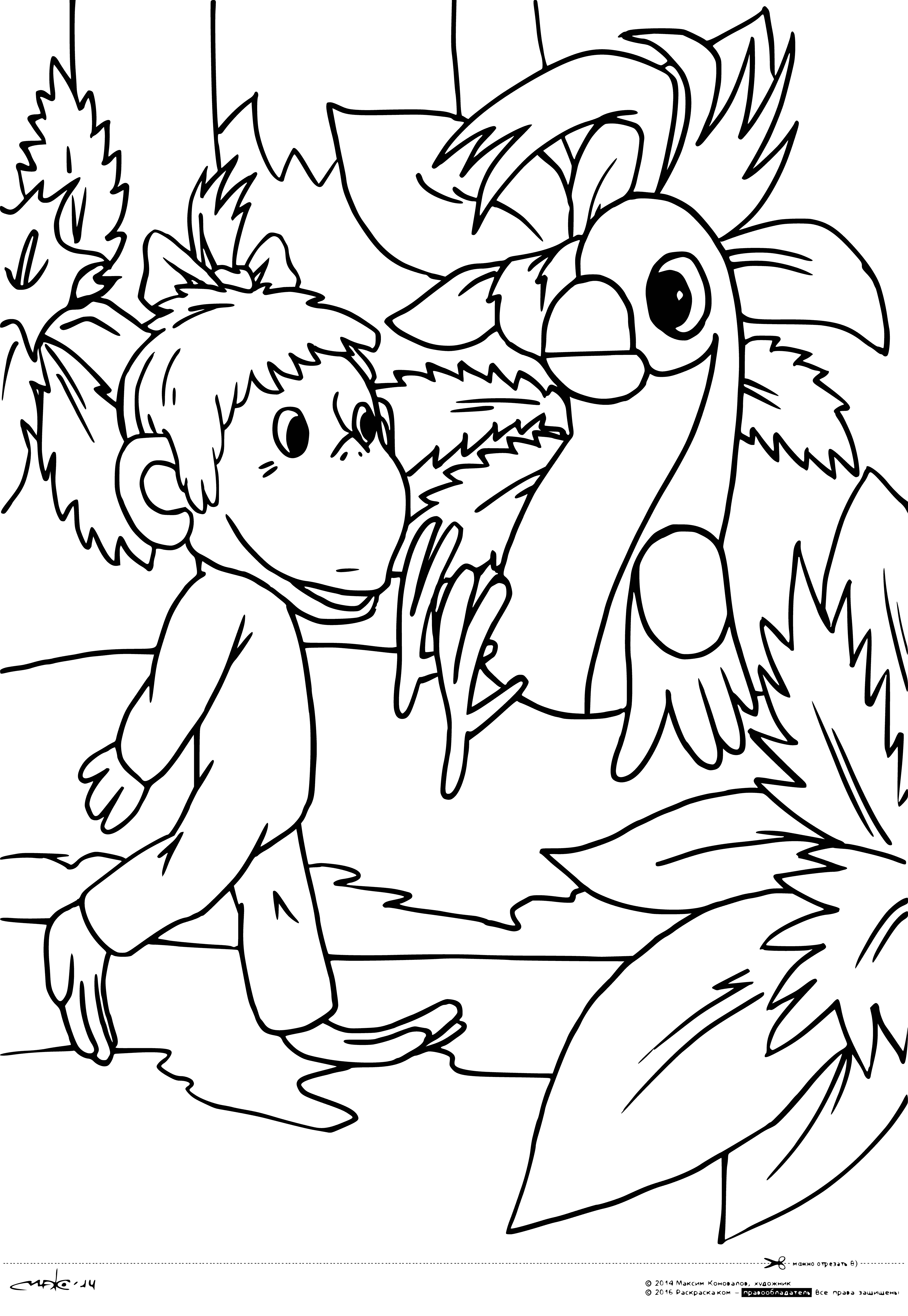 coloring page: 12 blue, 8 yellow, 6 green & 12 red parrots. One blue parrot perched on back of brown monkey w/ light brown face.