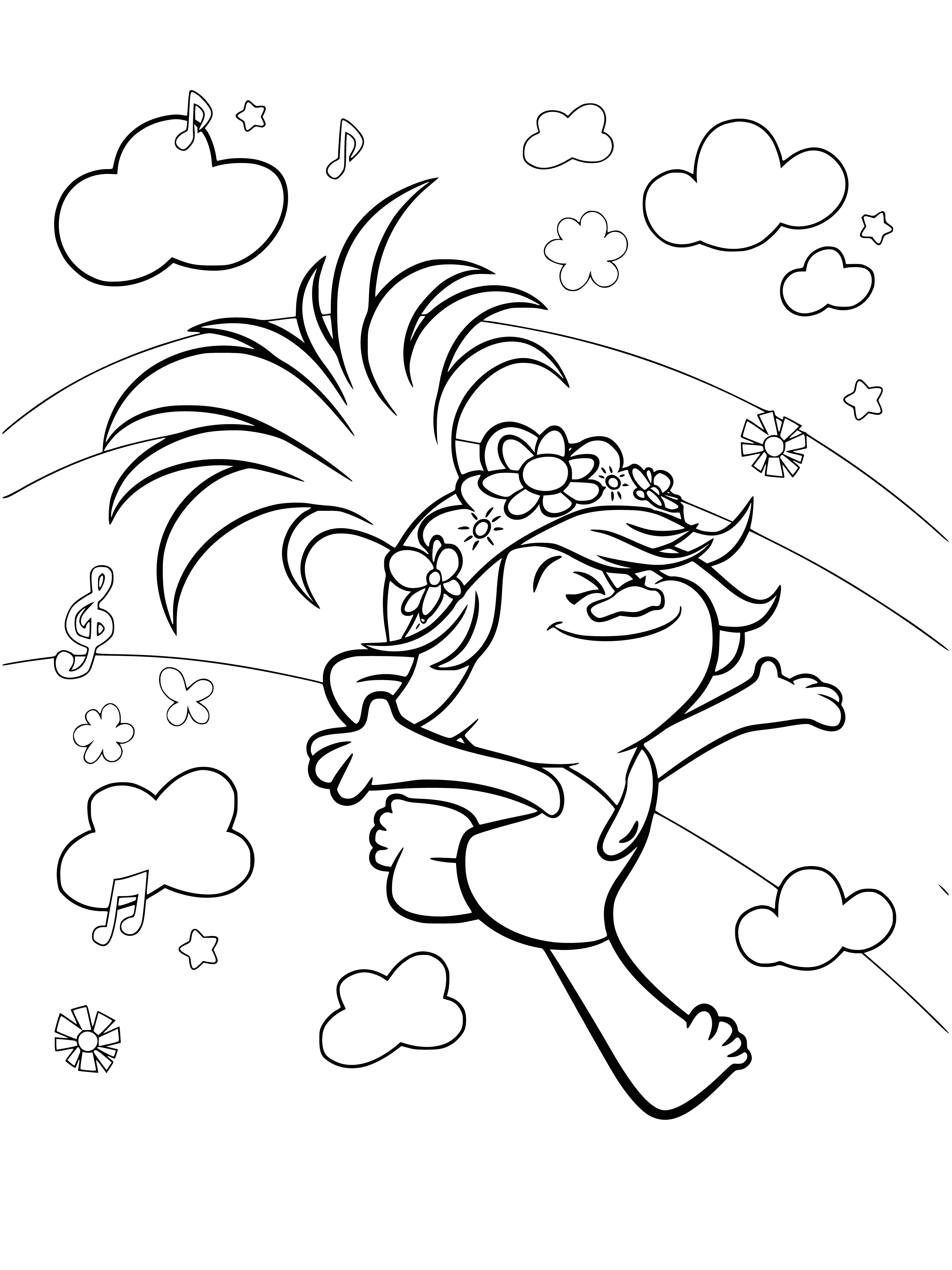 coloring page: Queen Rosette is a large troll with a big head, small eyes, pink dress, ribbon, jewelry, and scepter.