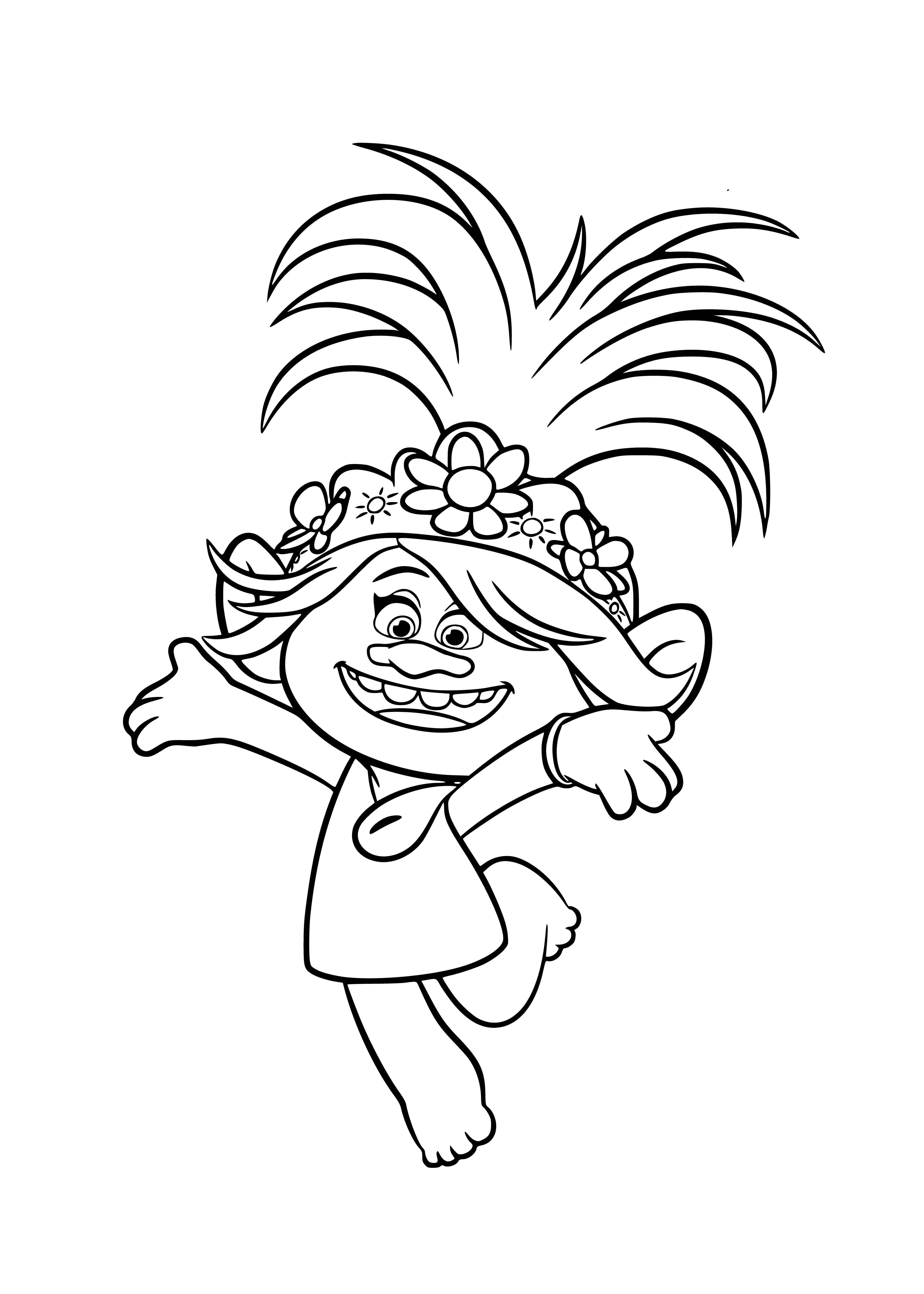 coloring page: Small Troll with big head and long, stringy hair. Wearing pink shirt and purple bow, holding pom-pom. Big nose, wide smile. #FantasyCharacter