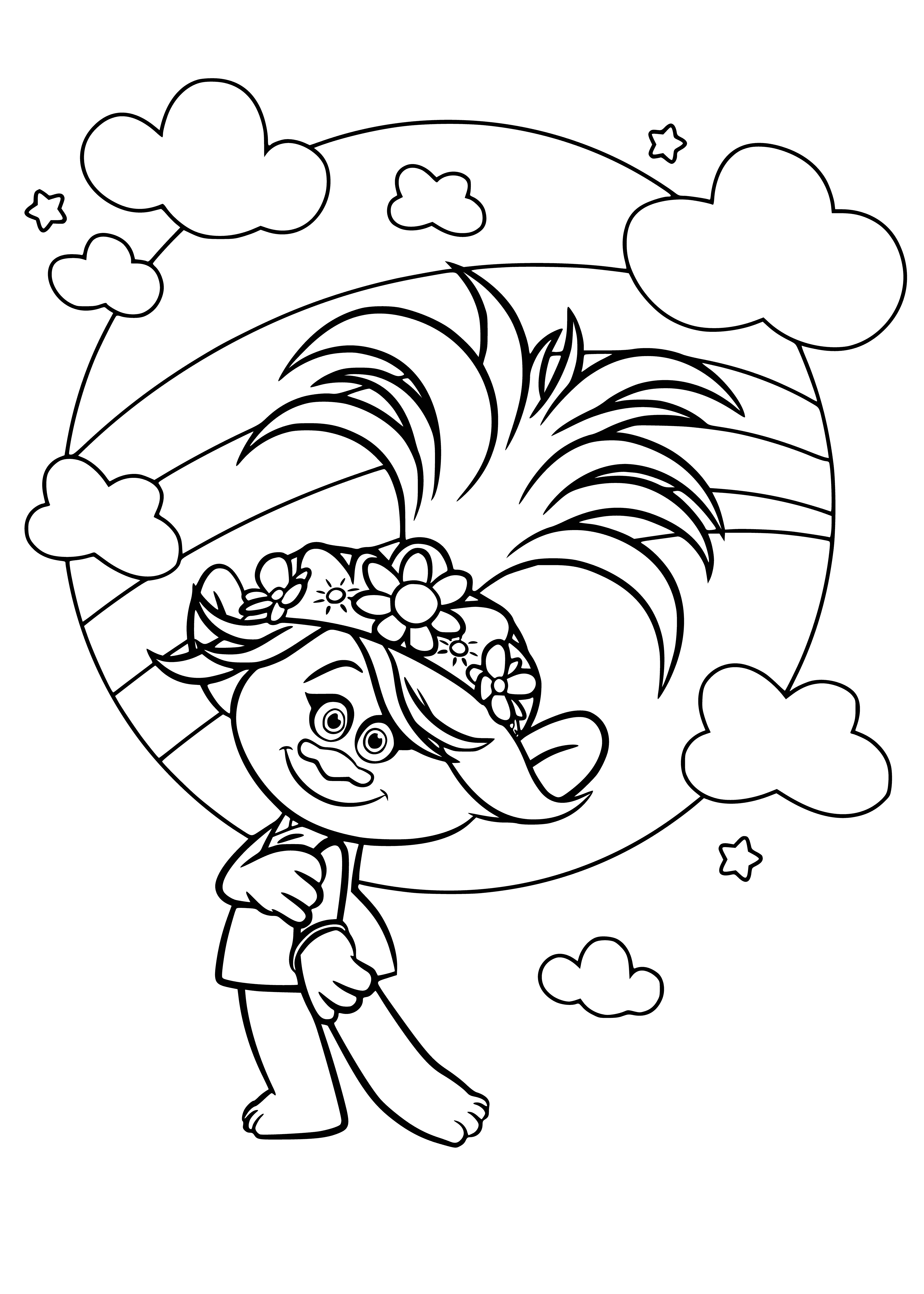 coloring page: Romantic Rosette Trolls doll in pink dress with purple, white flowers; purple, white flowers in hair; purple eyeliner, pink lipstick.