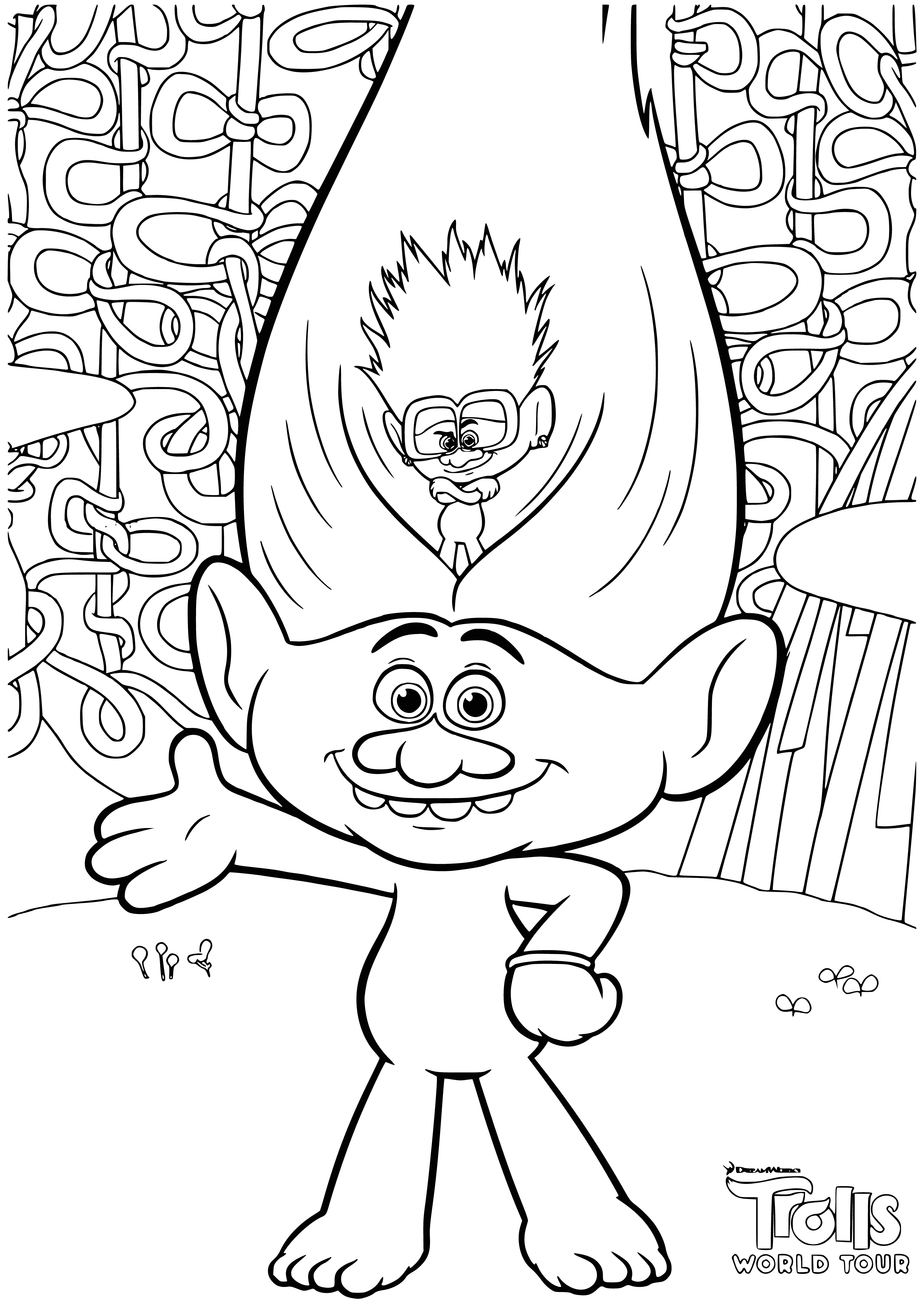 coloring page: Two trolls stand with blue skin, green clothes, yellow mohawks, orange noses, & big lips.