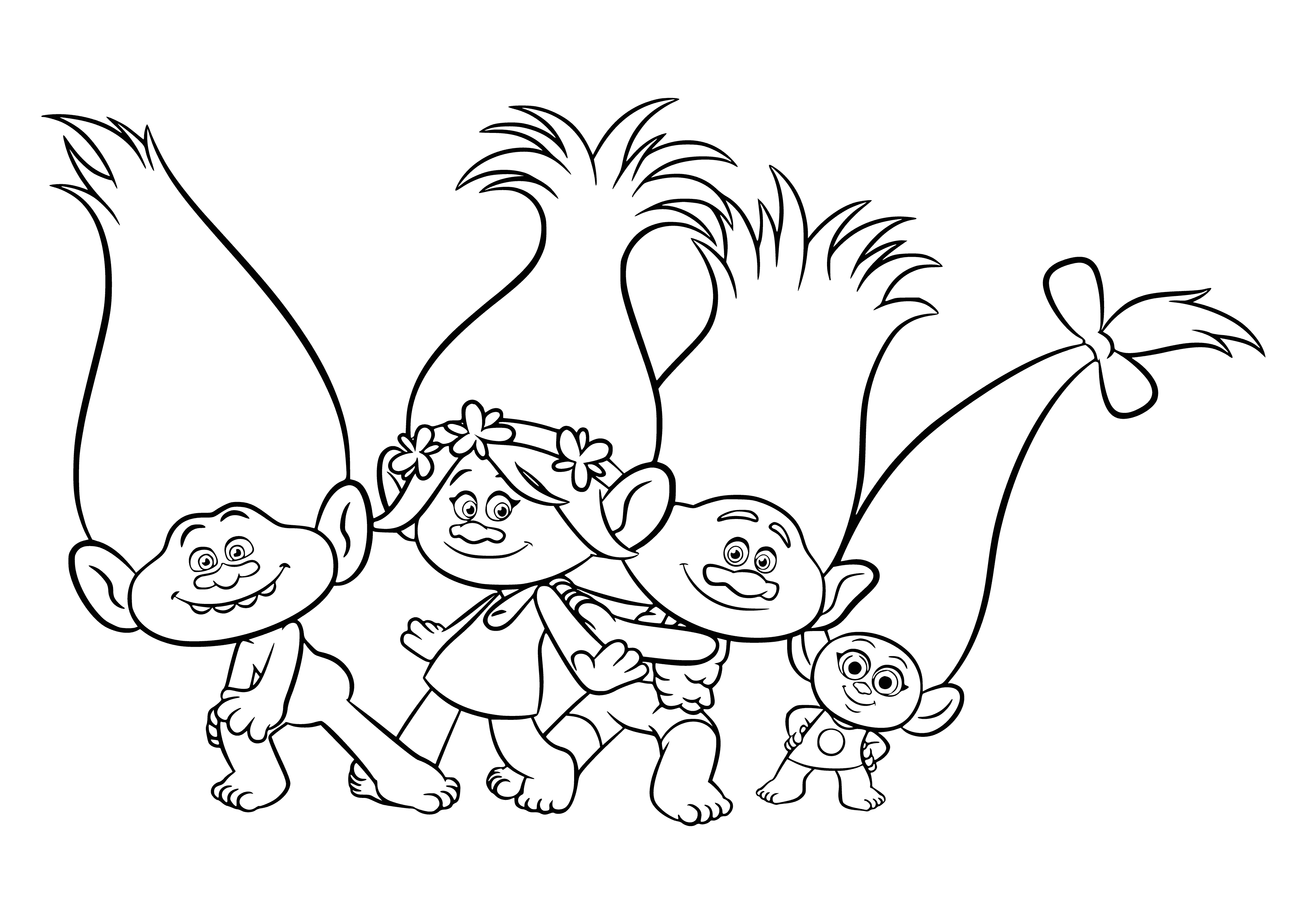 coloring page: Five trolls in line, smiling, wearing different colored clothes, orange hair, yellow eyes, big noses. #coloringpage