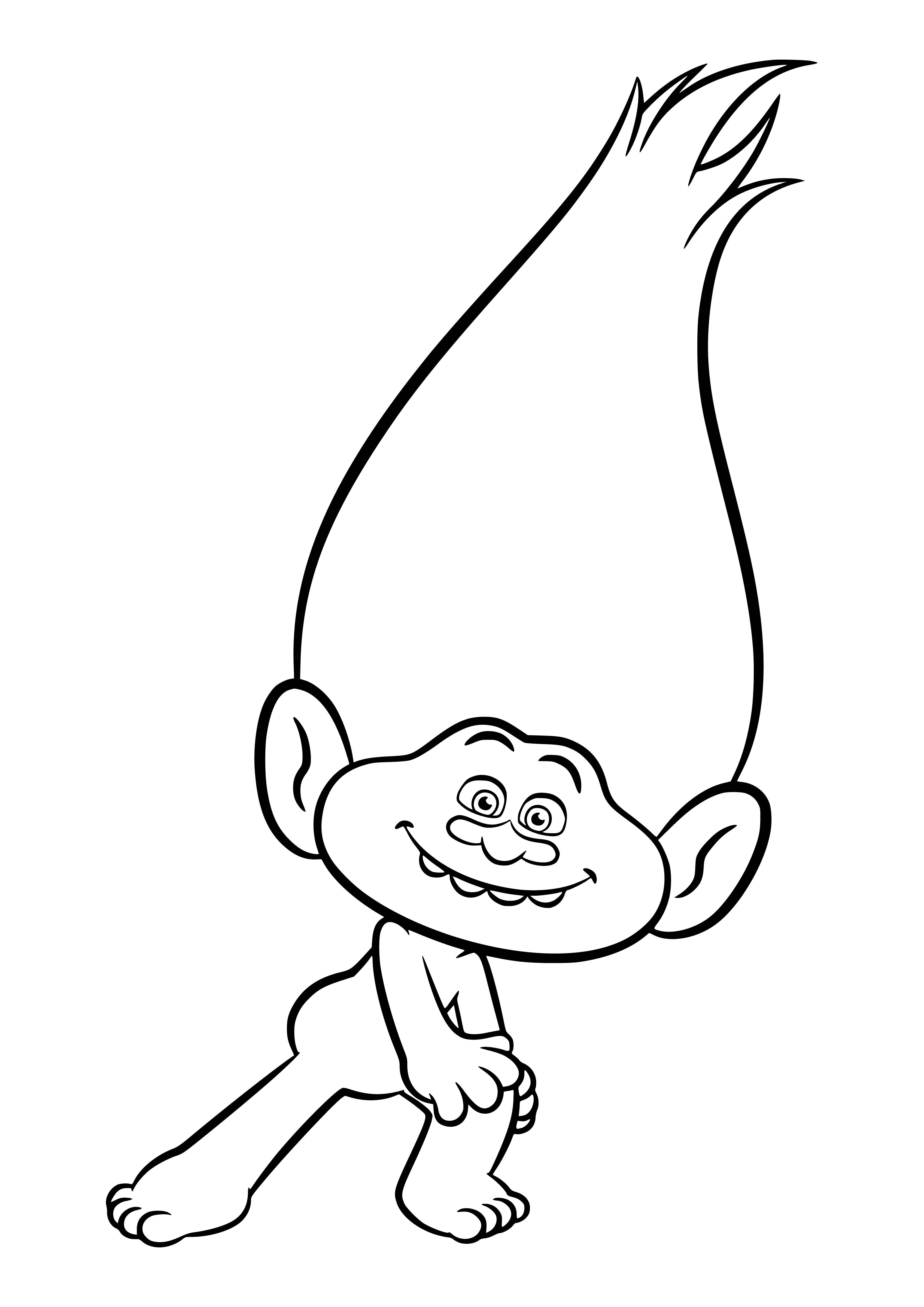 coloring page: A diamond-shaped object with a face, big nose, small eyes, big open mouth with sharp teeth, wearing a green and purple hat with a yellow feather.