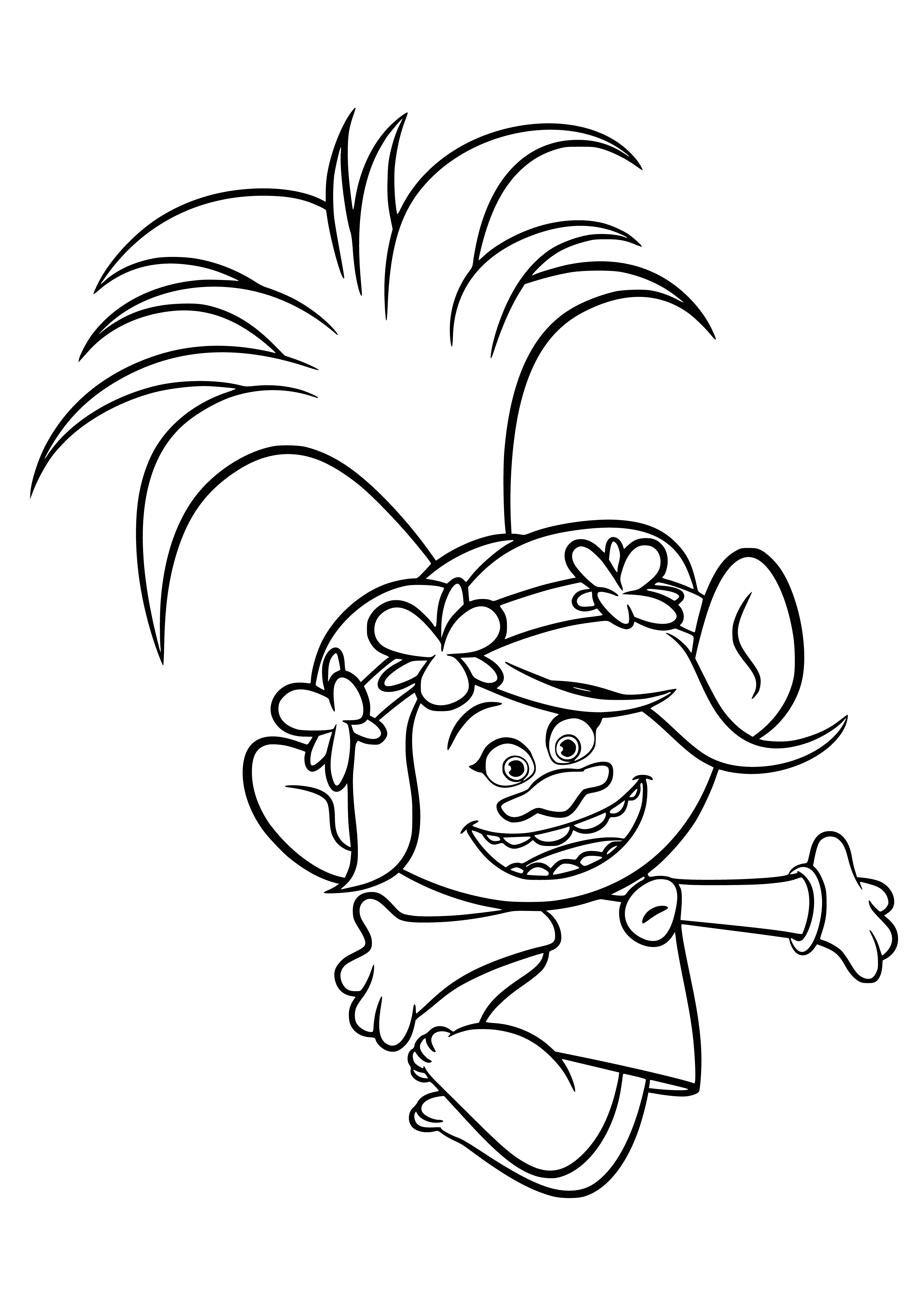 coloring page: Rosette Troll has teal skin, purple hair, pink bodice & yellow skirt with pink flowers, and yellow shoes with pink laces.