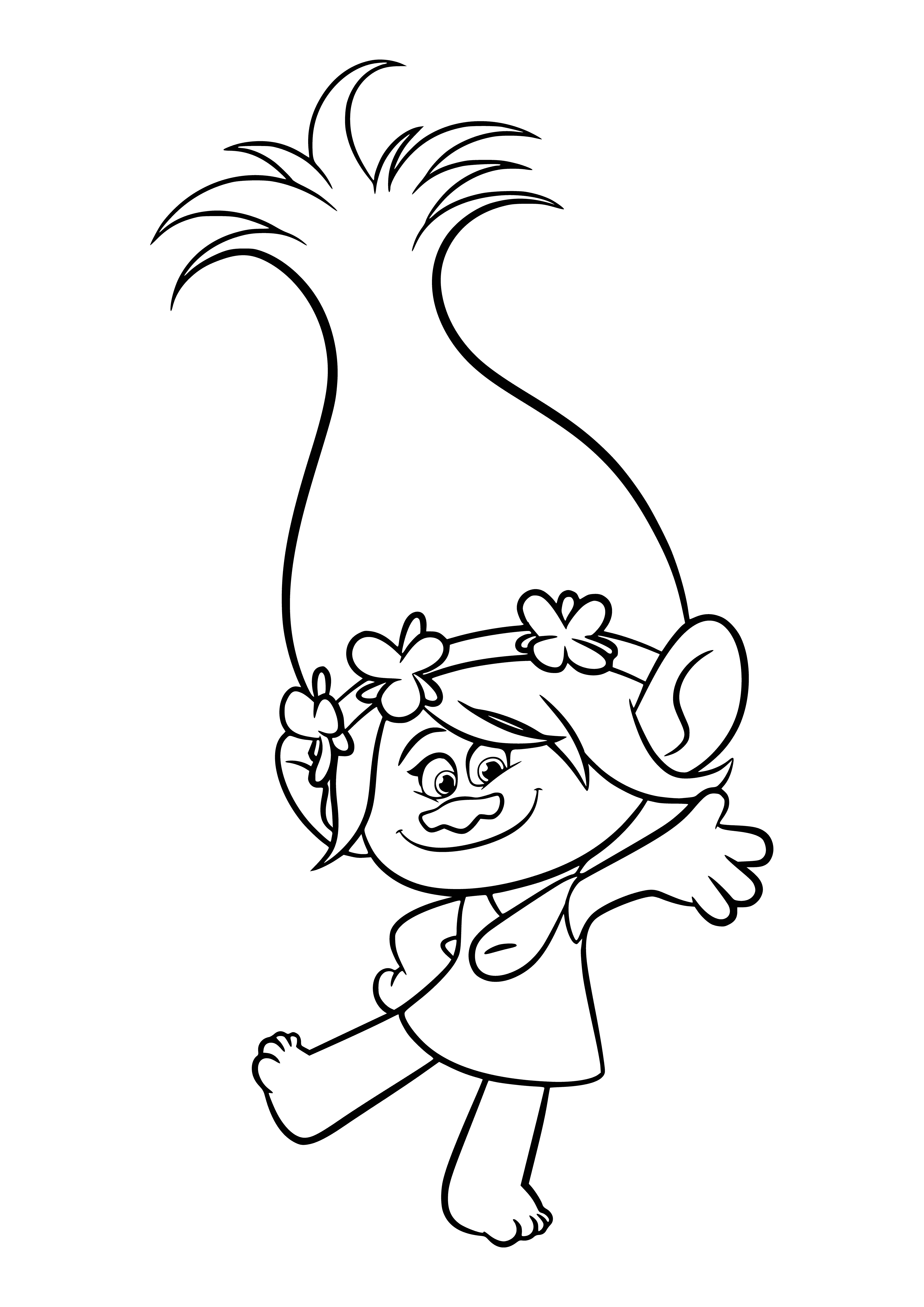coloring page: Girl in pink dress dancing with two trolls - one pink, one blue - near a rainbow and castle.
