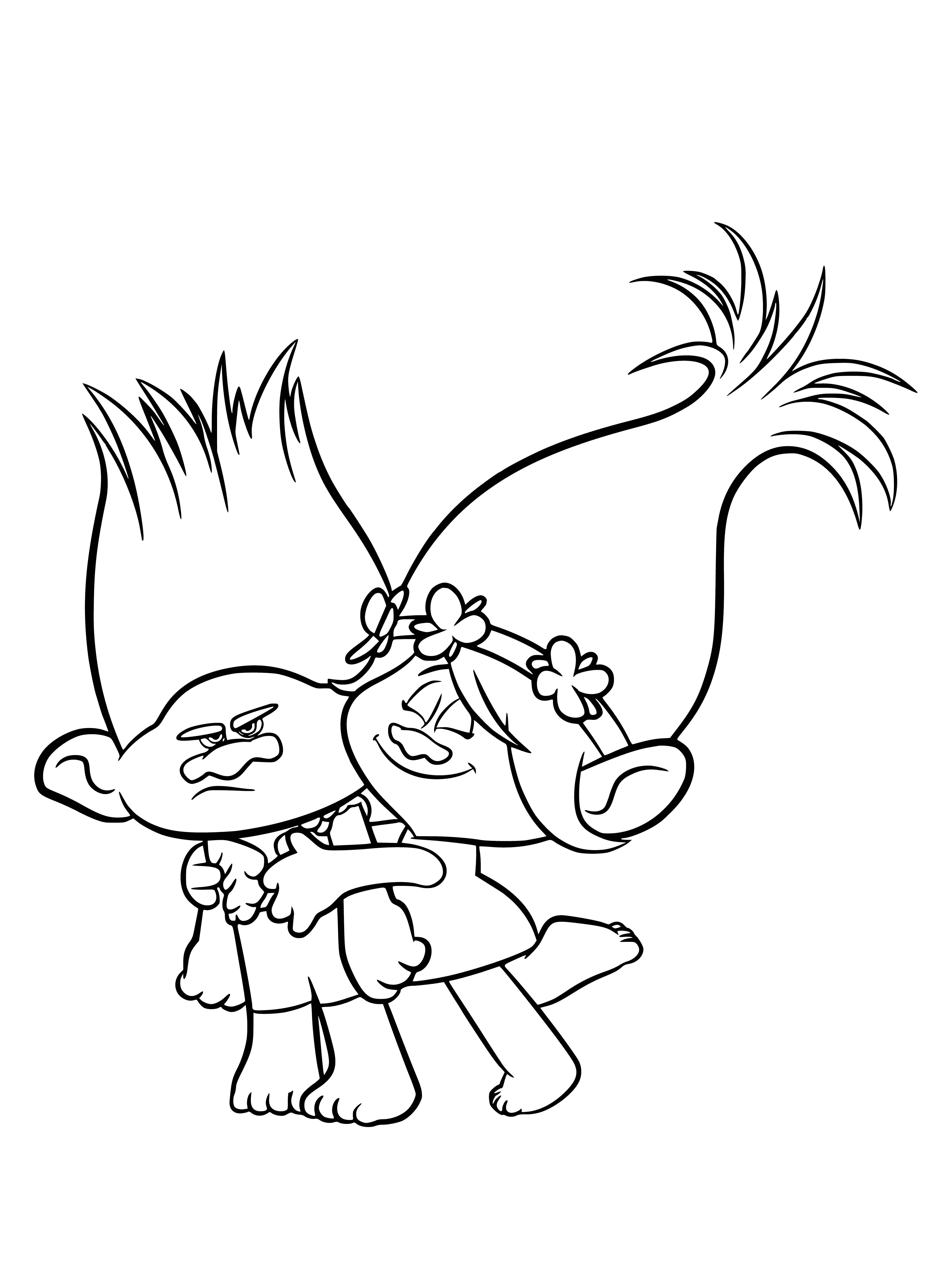 coloring page: Two trolls smile and hold hands, one yellow and orange, other purple and blue. They wear unique clothes and have big noses and pointed ears.