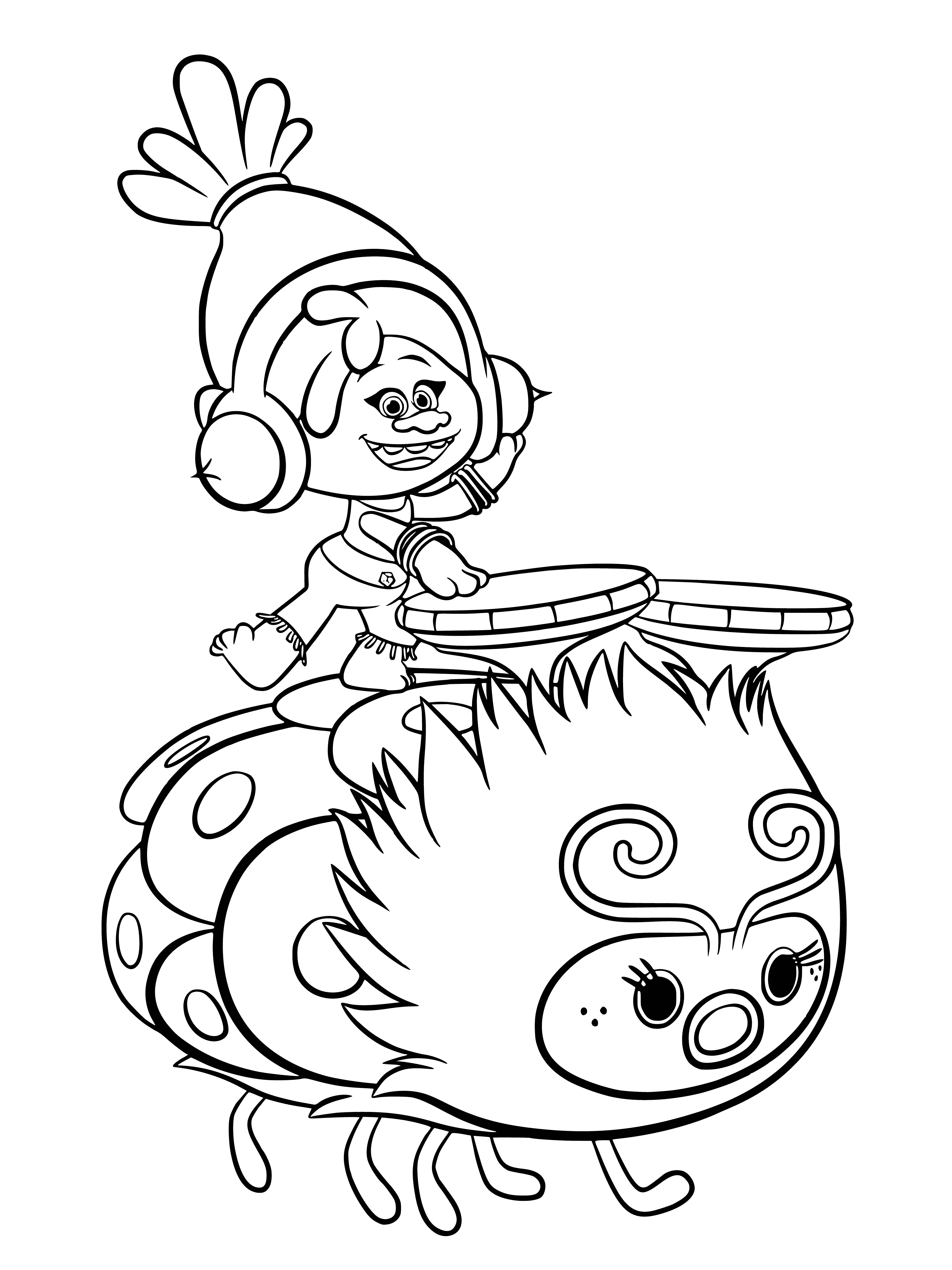 coloring page: Troll figurine toy with headphones plays 3 DJ sound effects when a button is pressed.