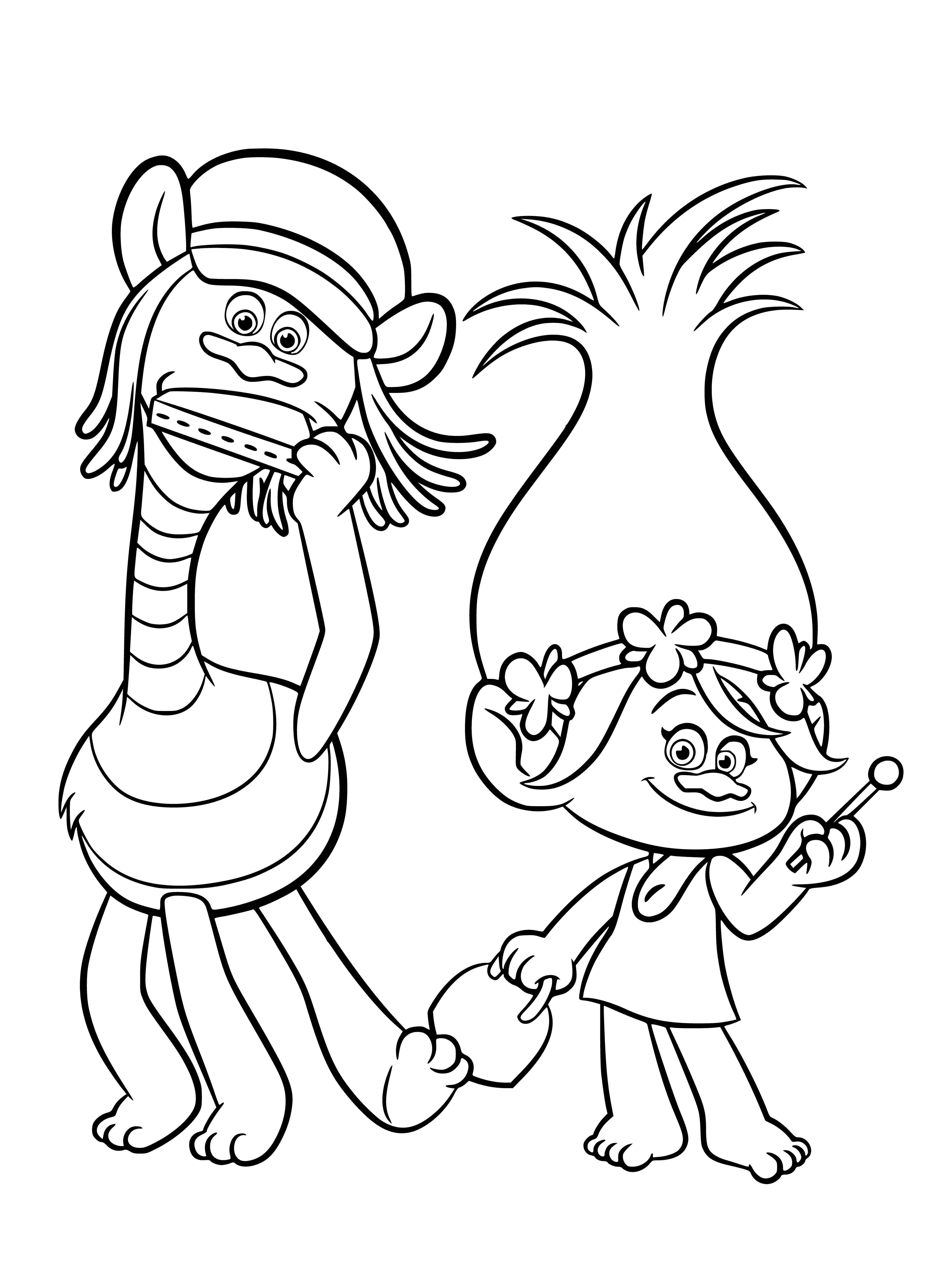 coloring page: Trolls Cooper and Rose dwell in a cave beneath a bridge. They're mischievous and often wear bright clothes with green skin, pointy noses and large ears.