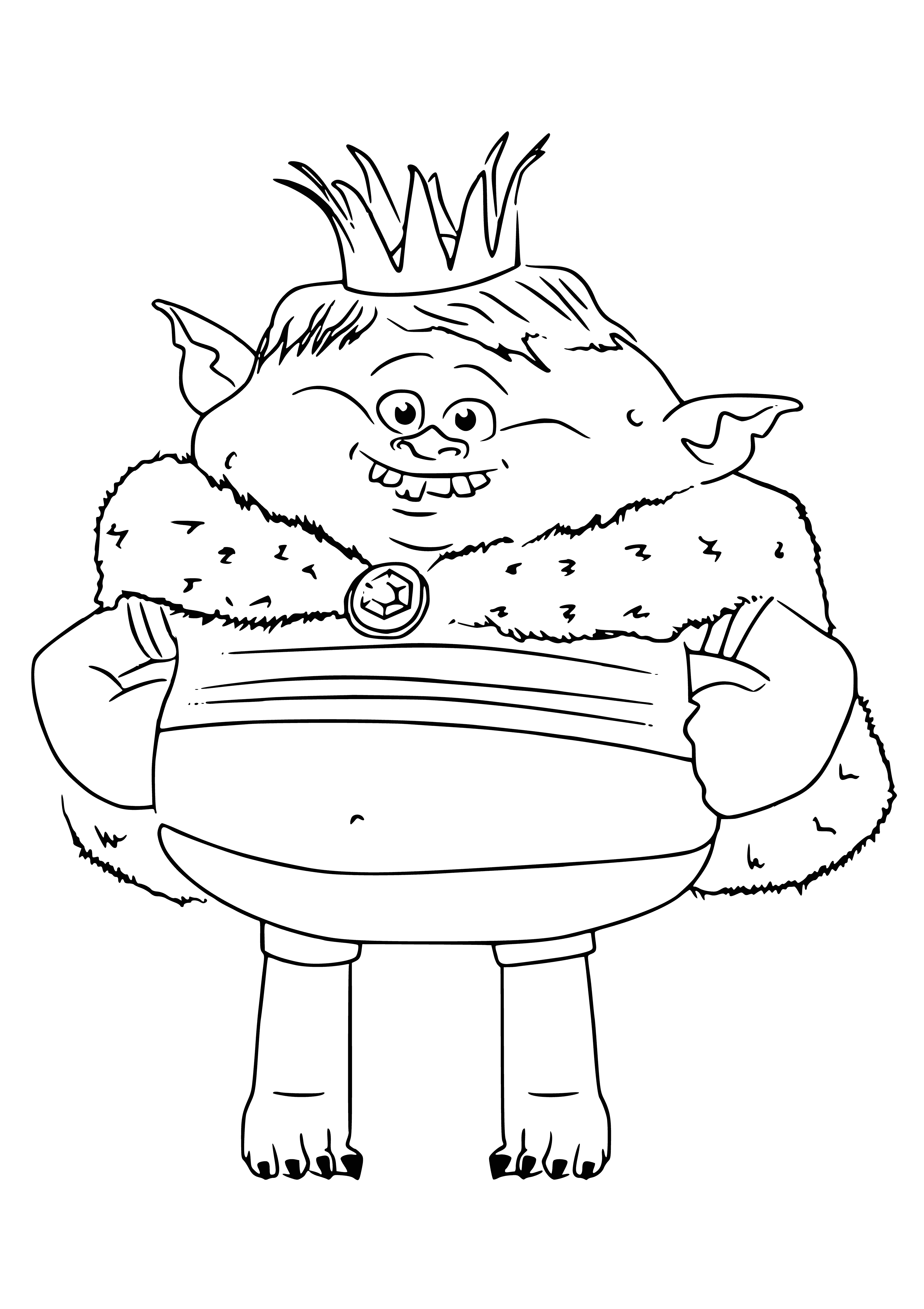 coloring page: King orange troll yells at scared smaller trolls of different colors. They raise their hands in fear. Eyes wide & wild, hair tangled.