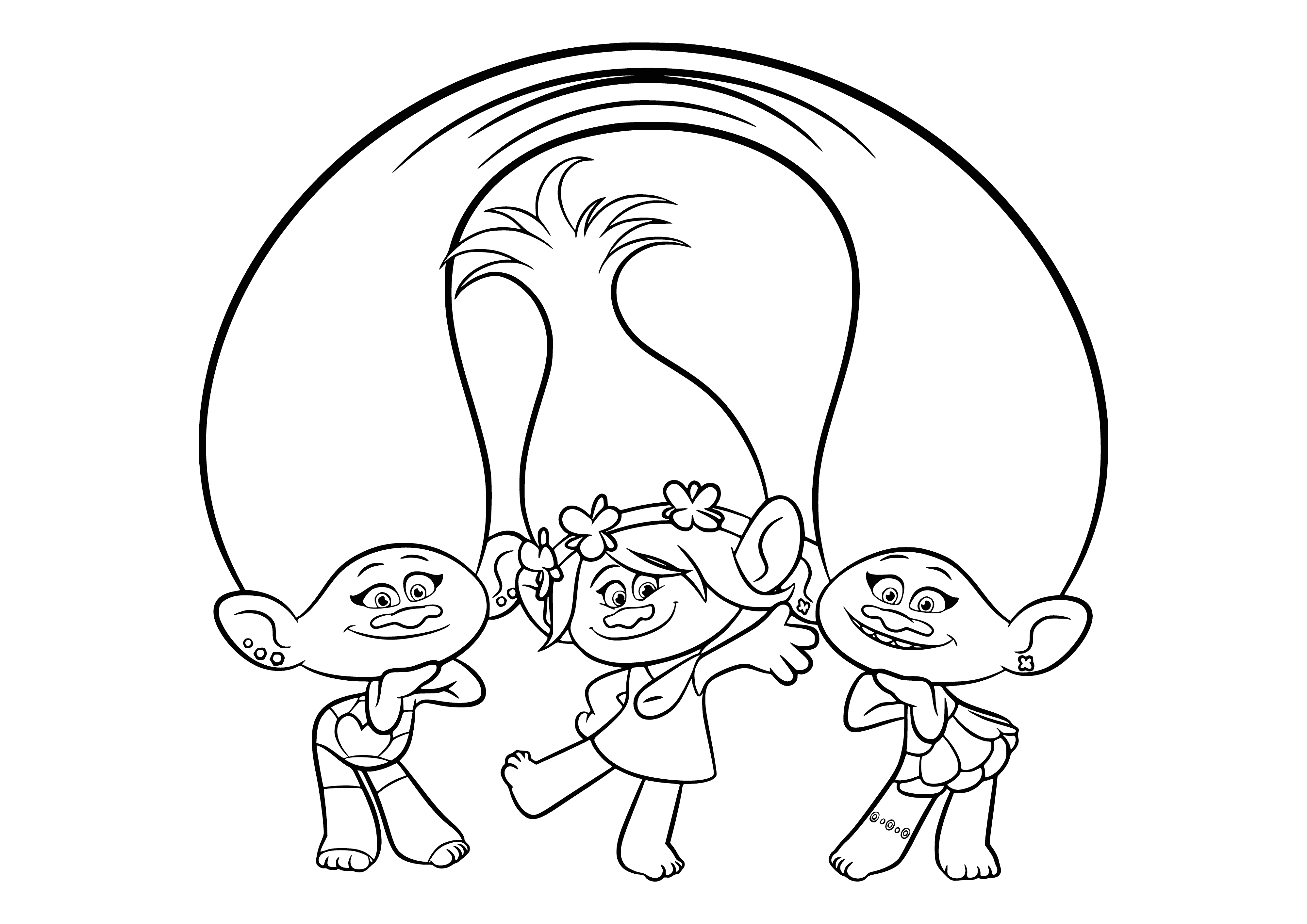 coloring page: Two happy blue trolls with white hair, big noses and necklaces, arms raised in the air. #ColoringPage