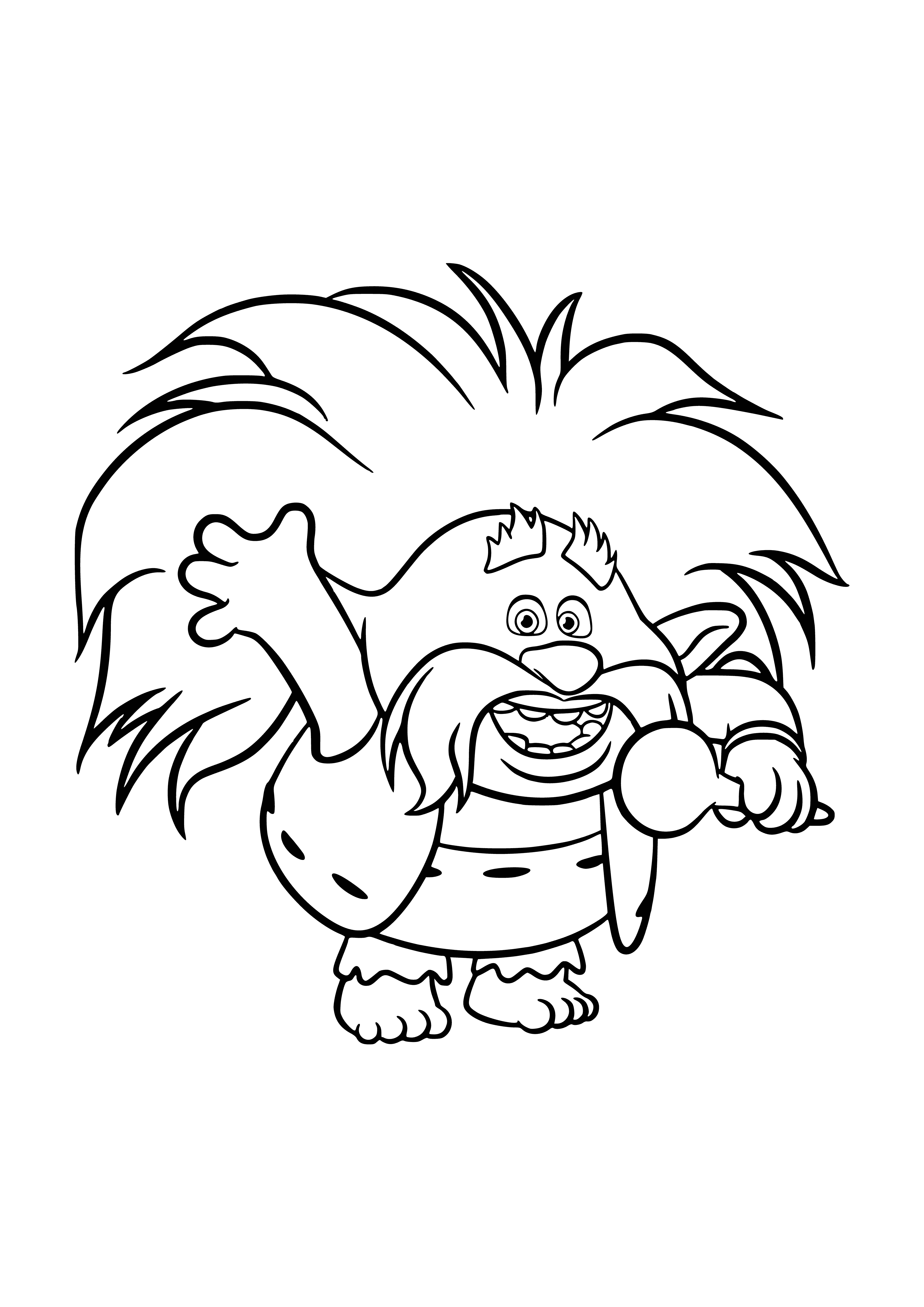 coloring page: Big pink troll King wears crown, cape & wields scepter. Has big nose & mouth. Likes to cause mischief!