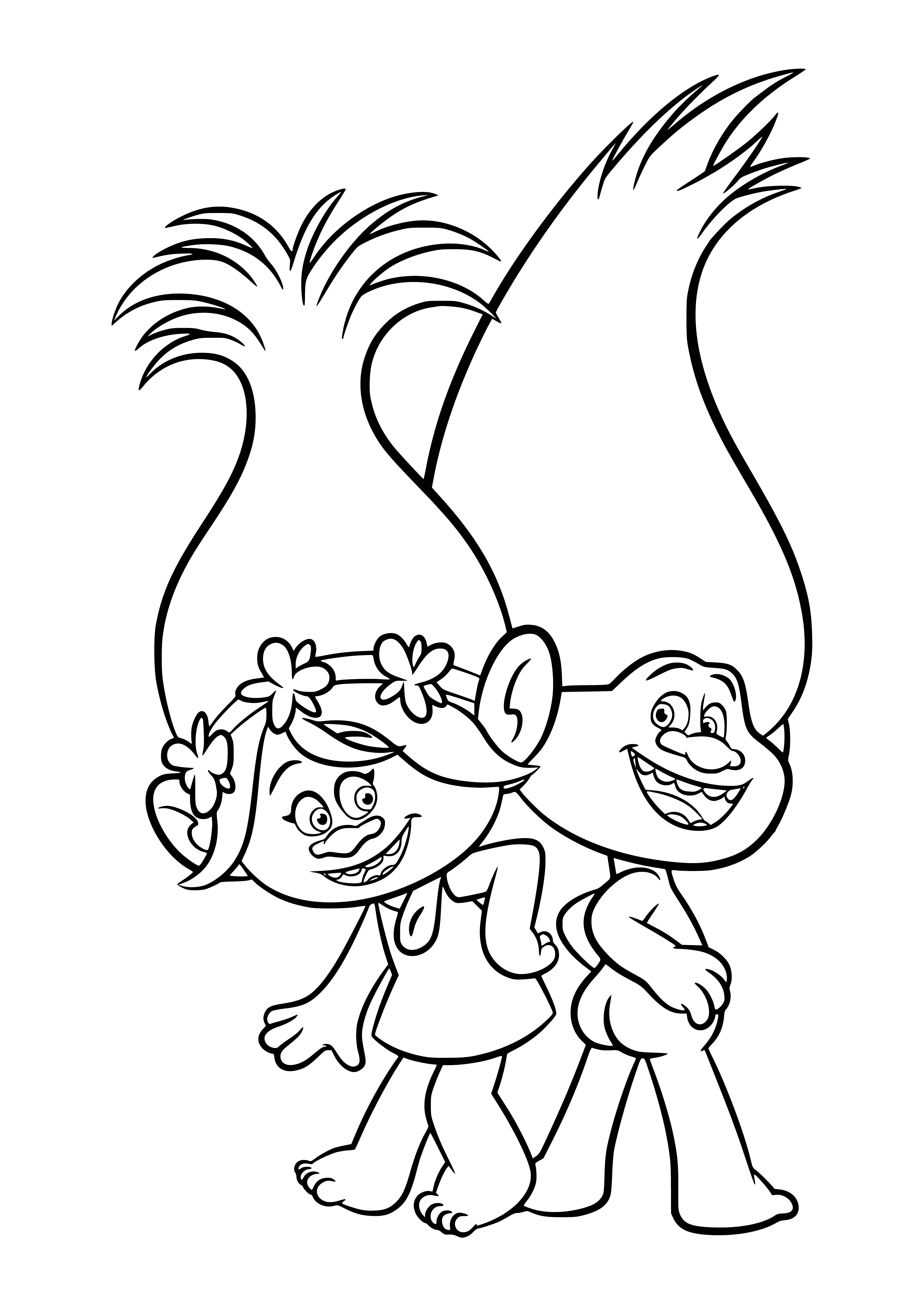 coloring page: Rosette is happy & loves to sing/dance. Diamond is smart & calm. Rosette: wavy pink hair & colorful dress. Diamond:straight white hair & glasses.