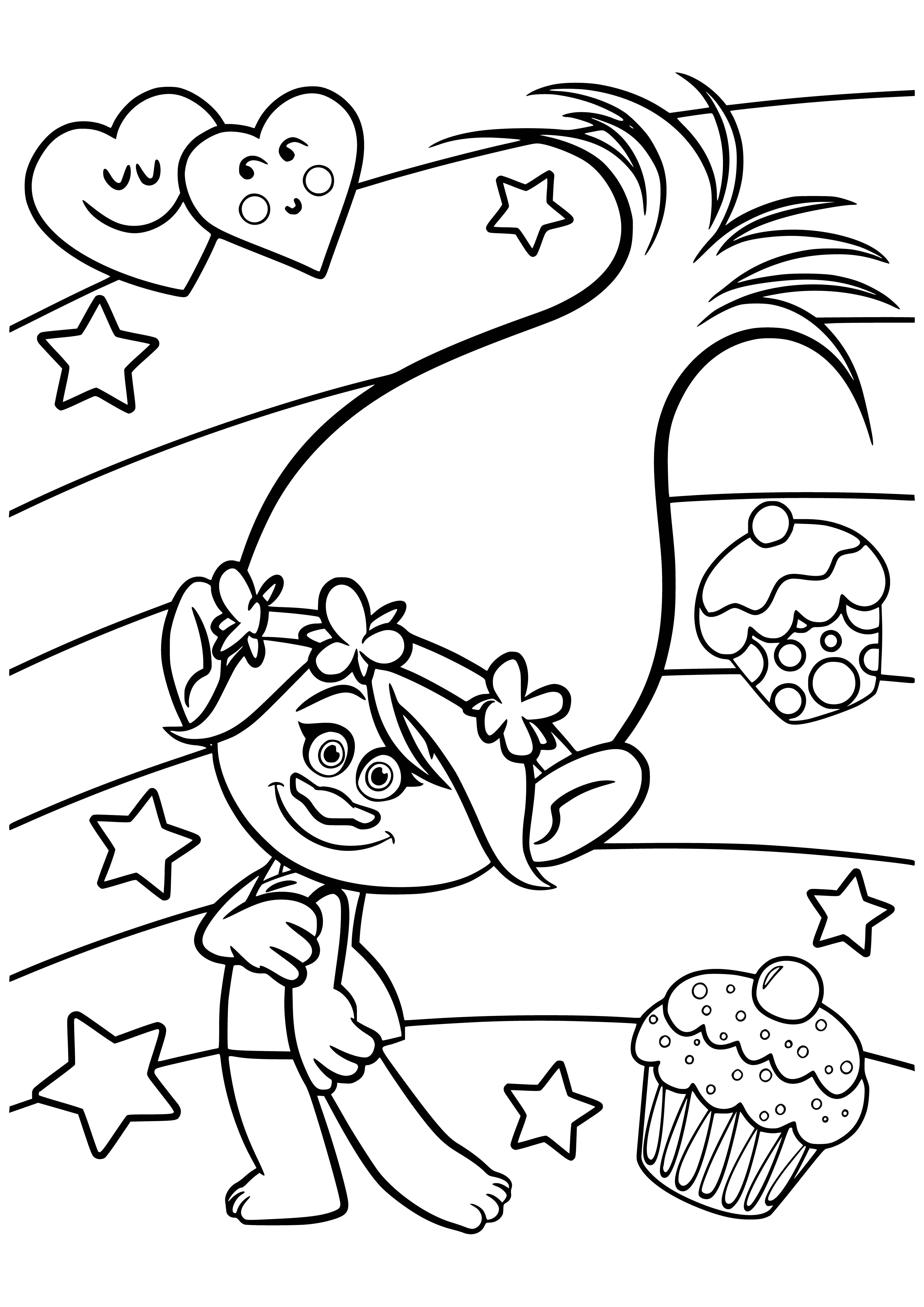 coloring page: Pink-skinned troll with light brown hair, two horns, pink dress, black belt and shoes.