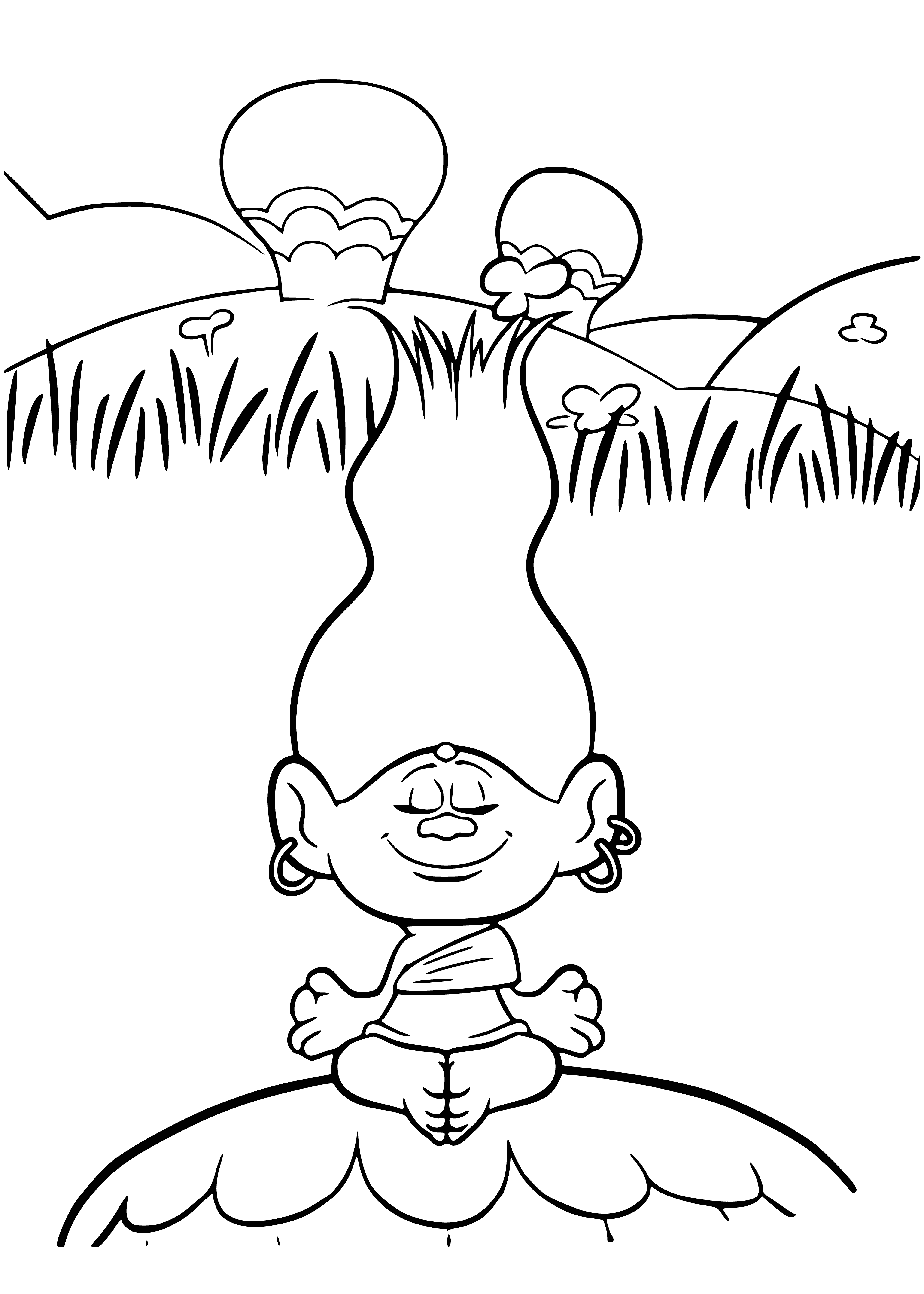 coloring page: Troll meditates in a green forest, wearing robe with calm & serene look. Hands & eyes closed in yoga-like position.