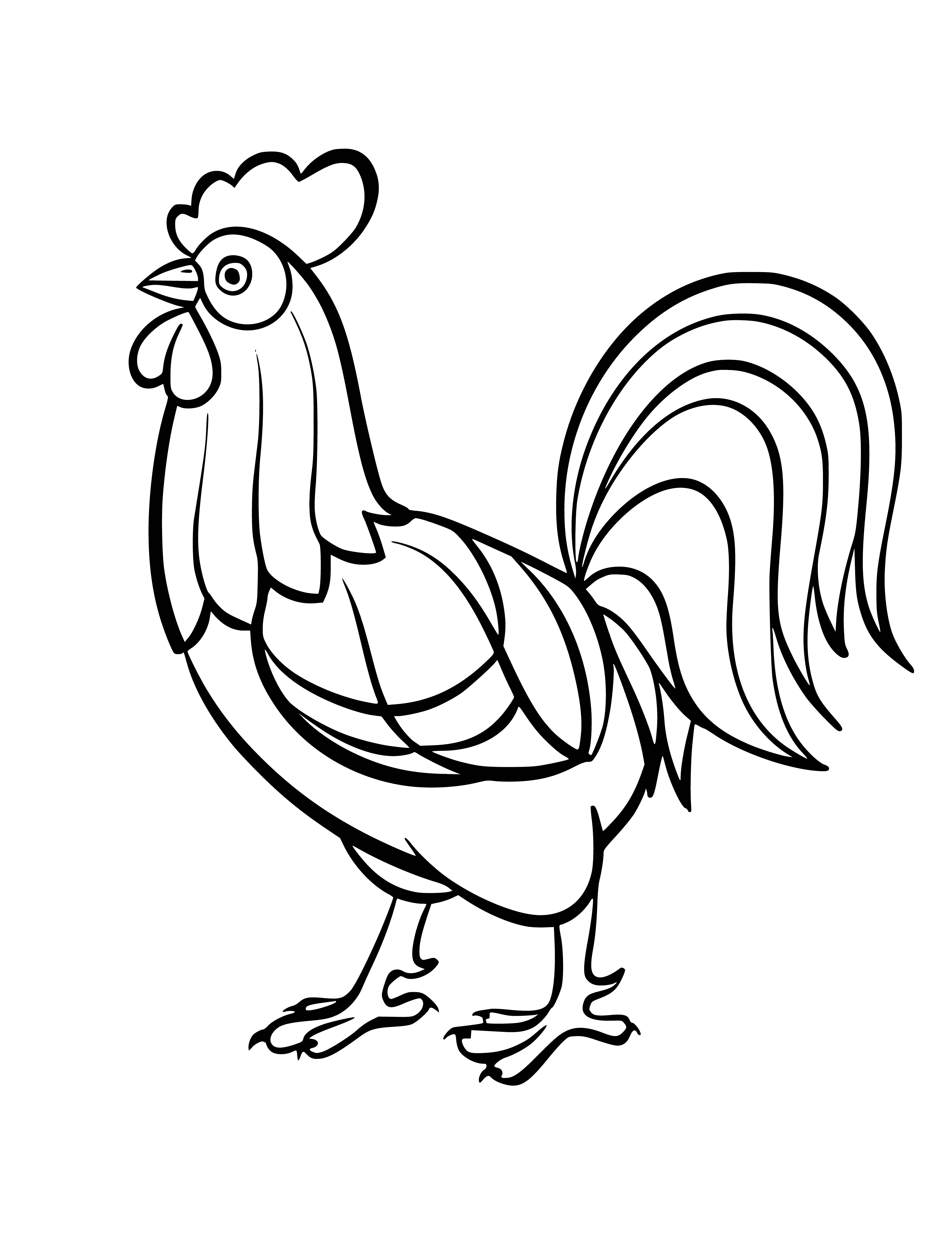 coloring page: Rooster in coloring page is brown & white, has long tail & comb, standing on fence.