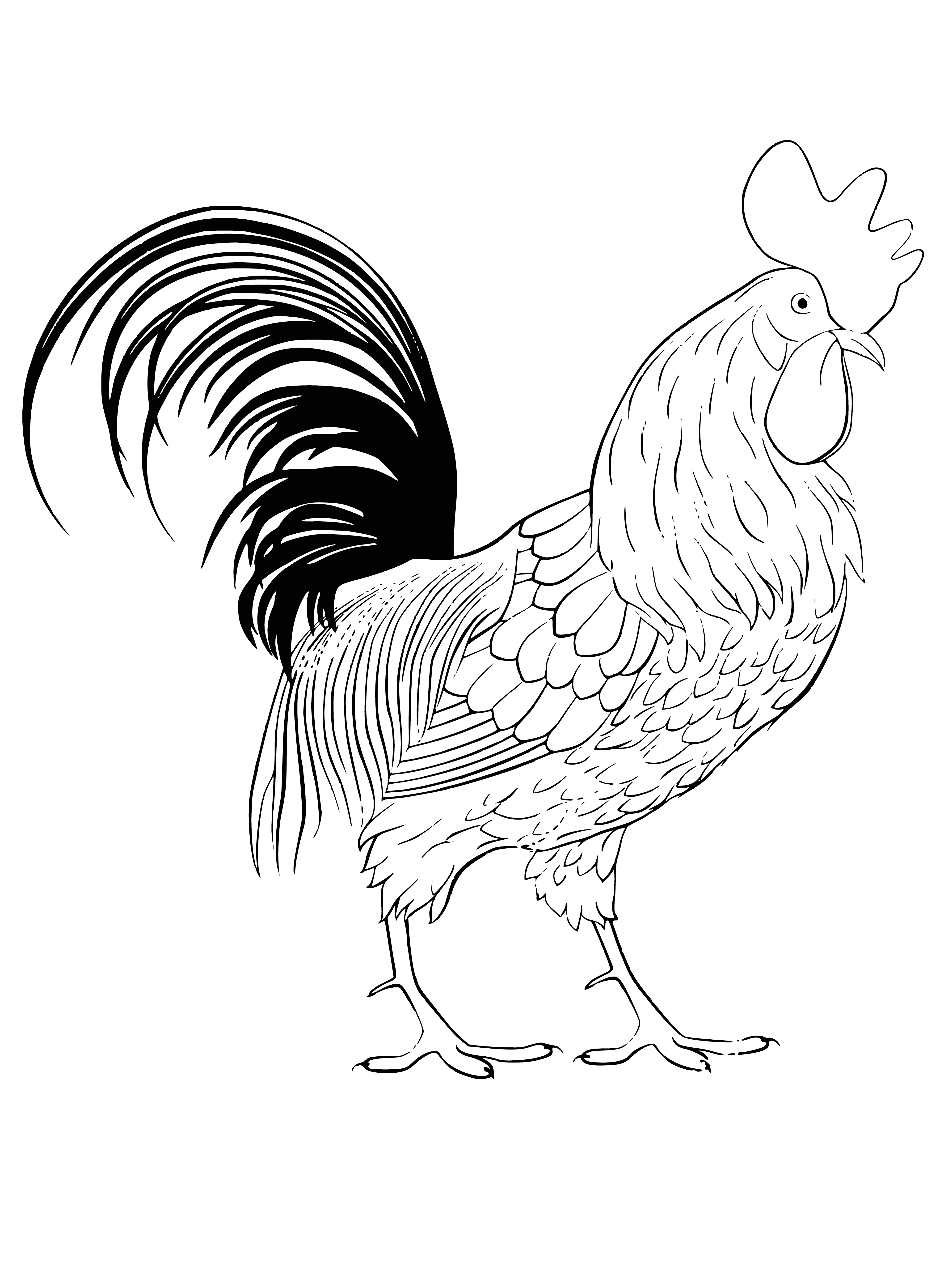coloring page: Rooster is a beautiful guardian bird w/ a long neck, tail, & red comb head. Very good protector of the flock. #Birds