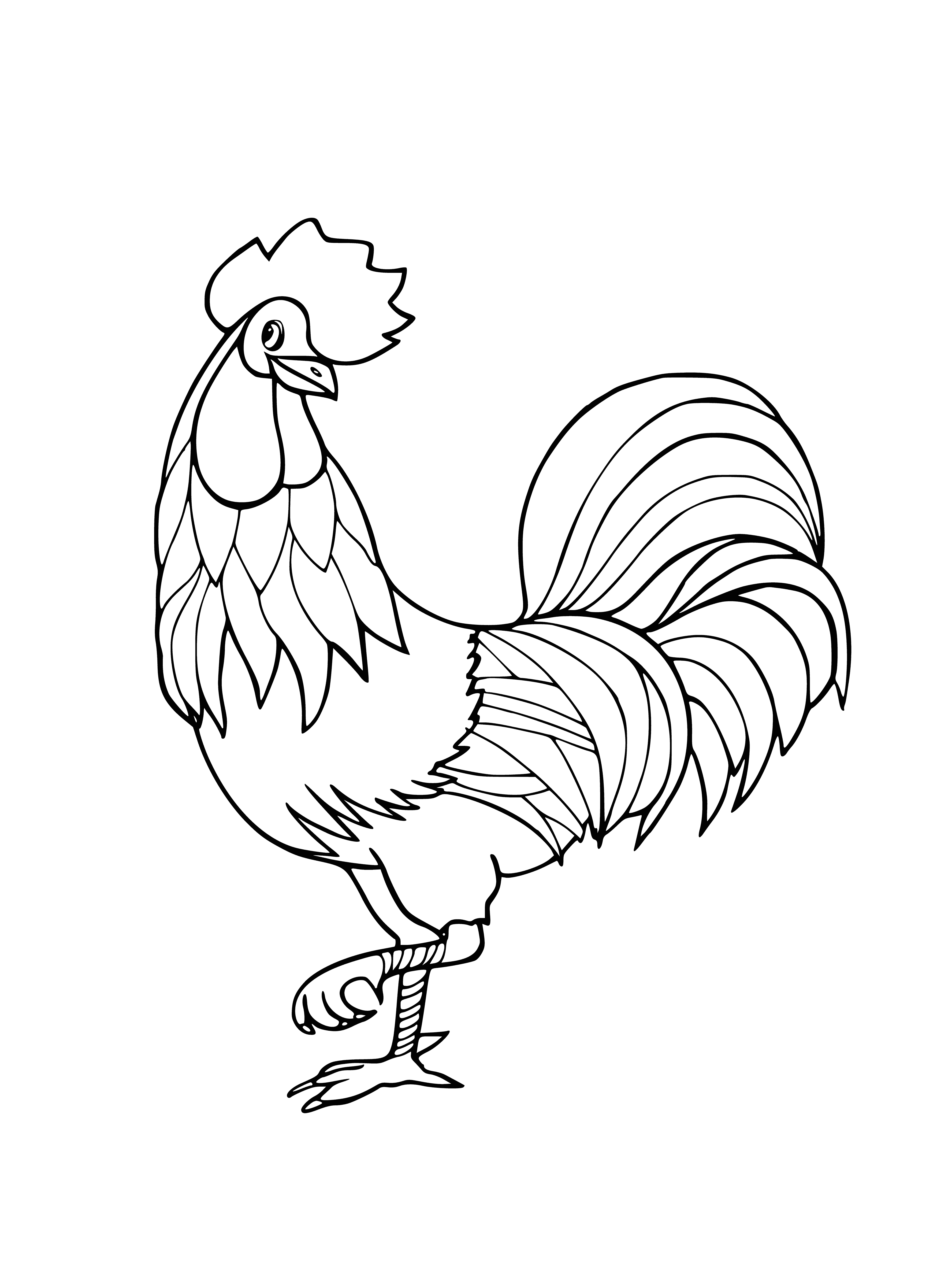 coloring page: Rooster standing on a fence, brown & white, known for crowing; head turned to side, long tail curls up at end.