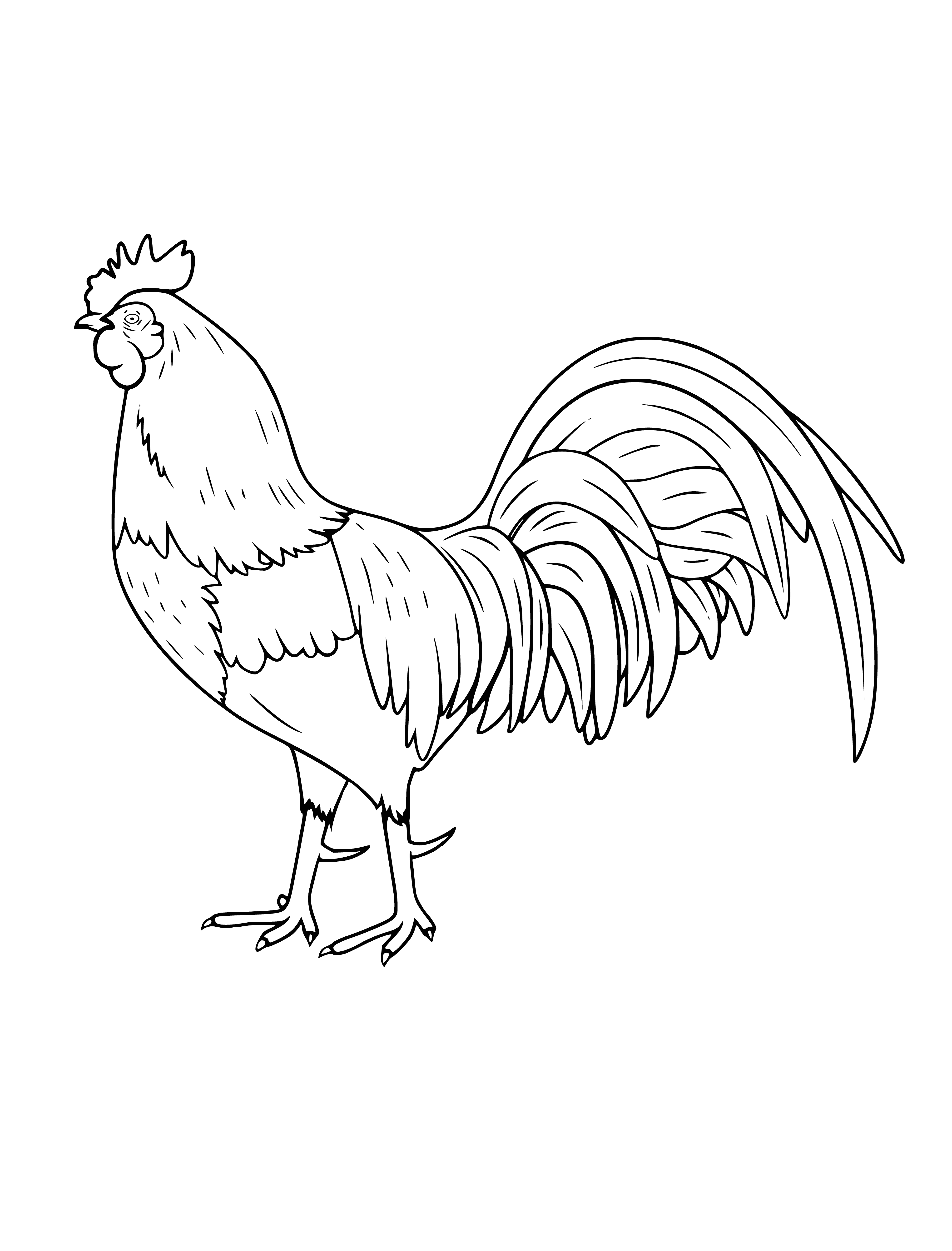 coloring page: Rooster is a big white bird w/ yellow beak & red comb & tail feather; standing on a fence.