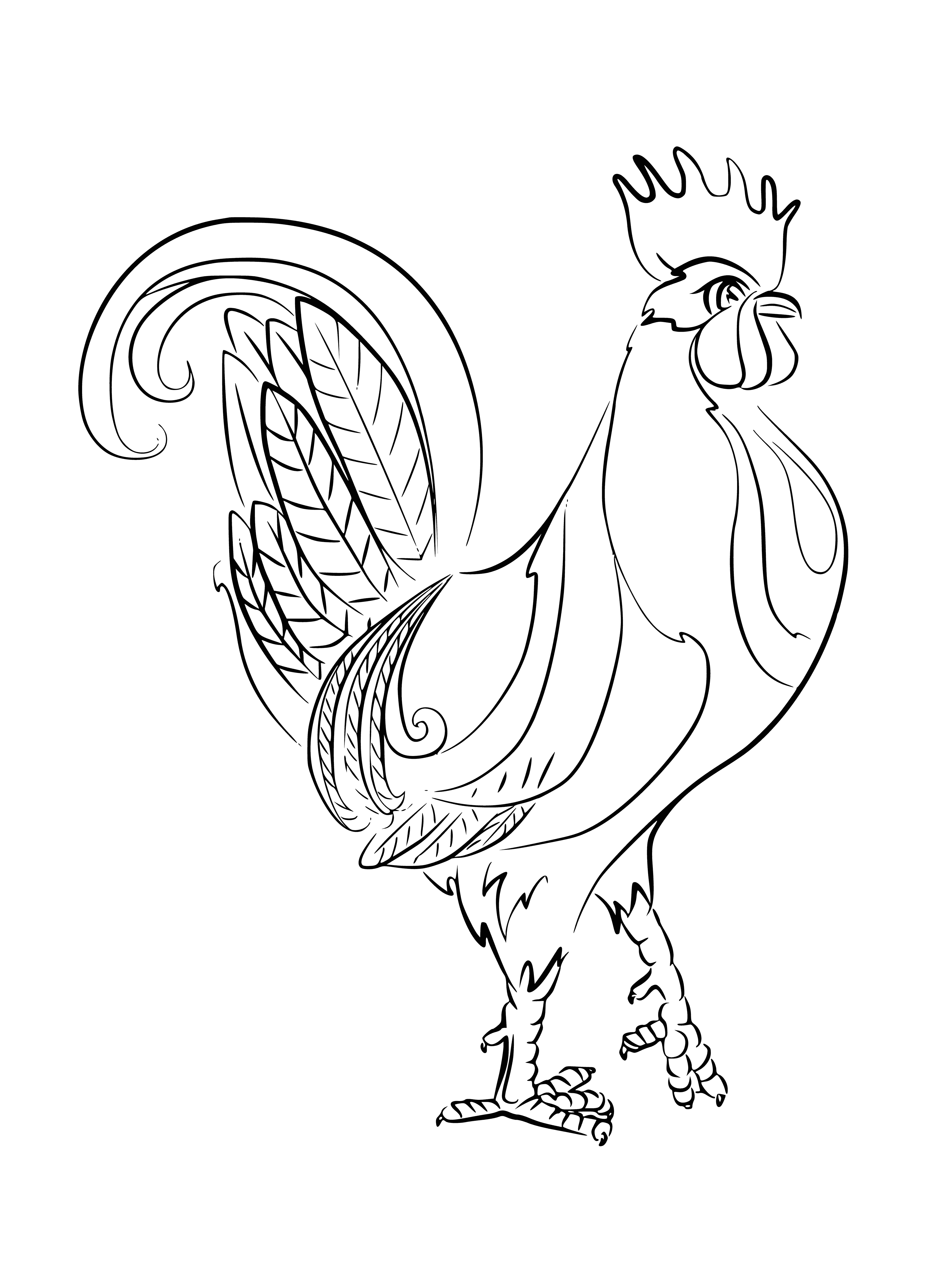 coloring page: Three roosters: Two brown, one white w/ yellow eyes, all facing same direction; two on a fence, one on ground.