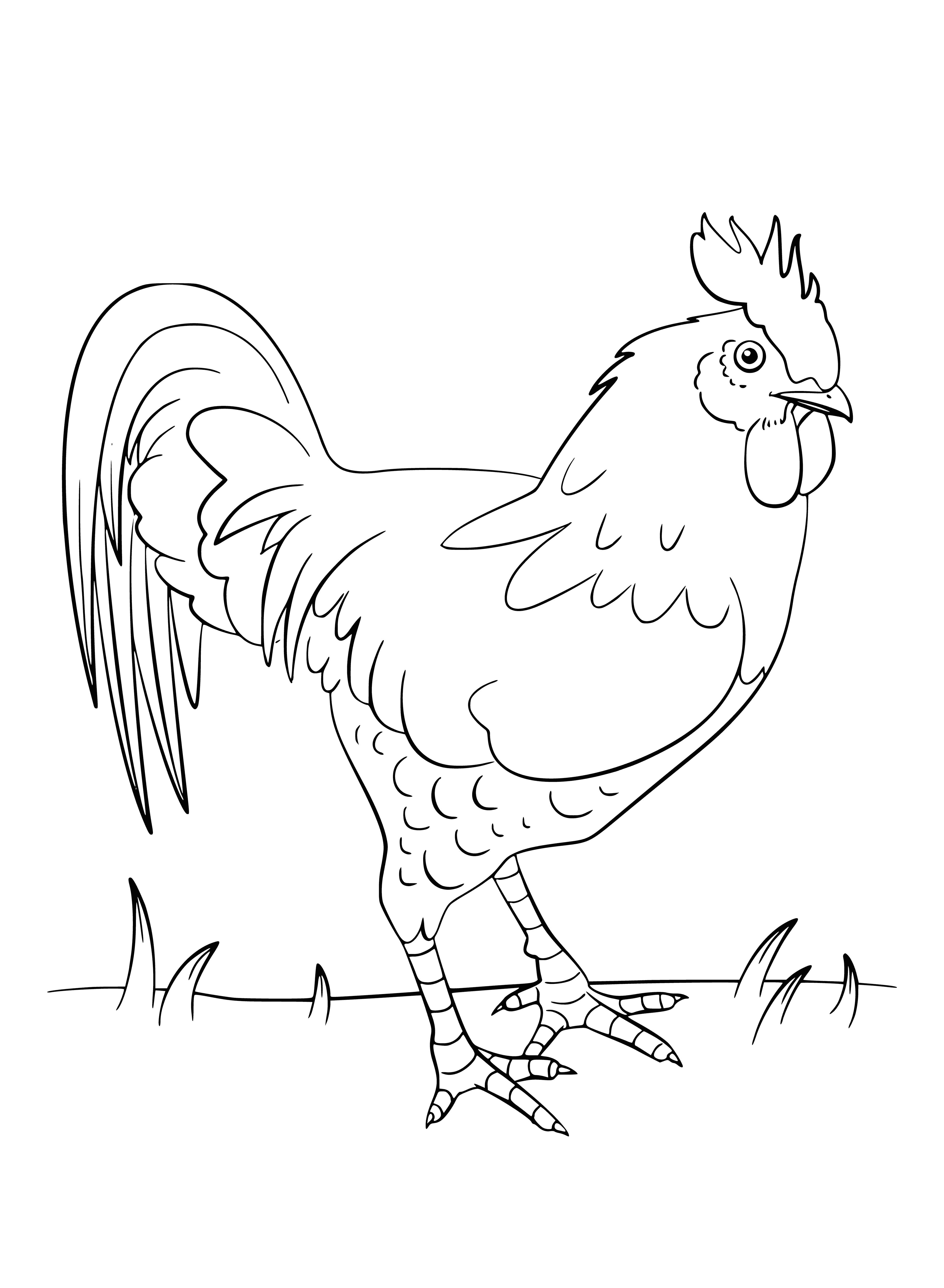 coloring page: Male chicken with loud crow and fighting ability; identifiable by larger size, comb and wattles.