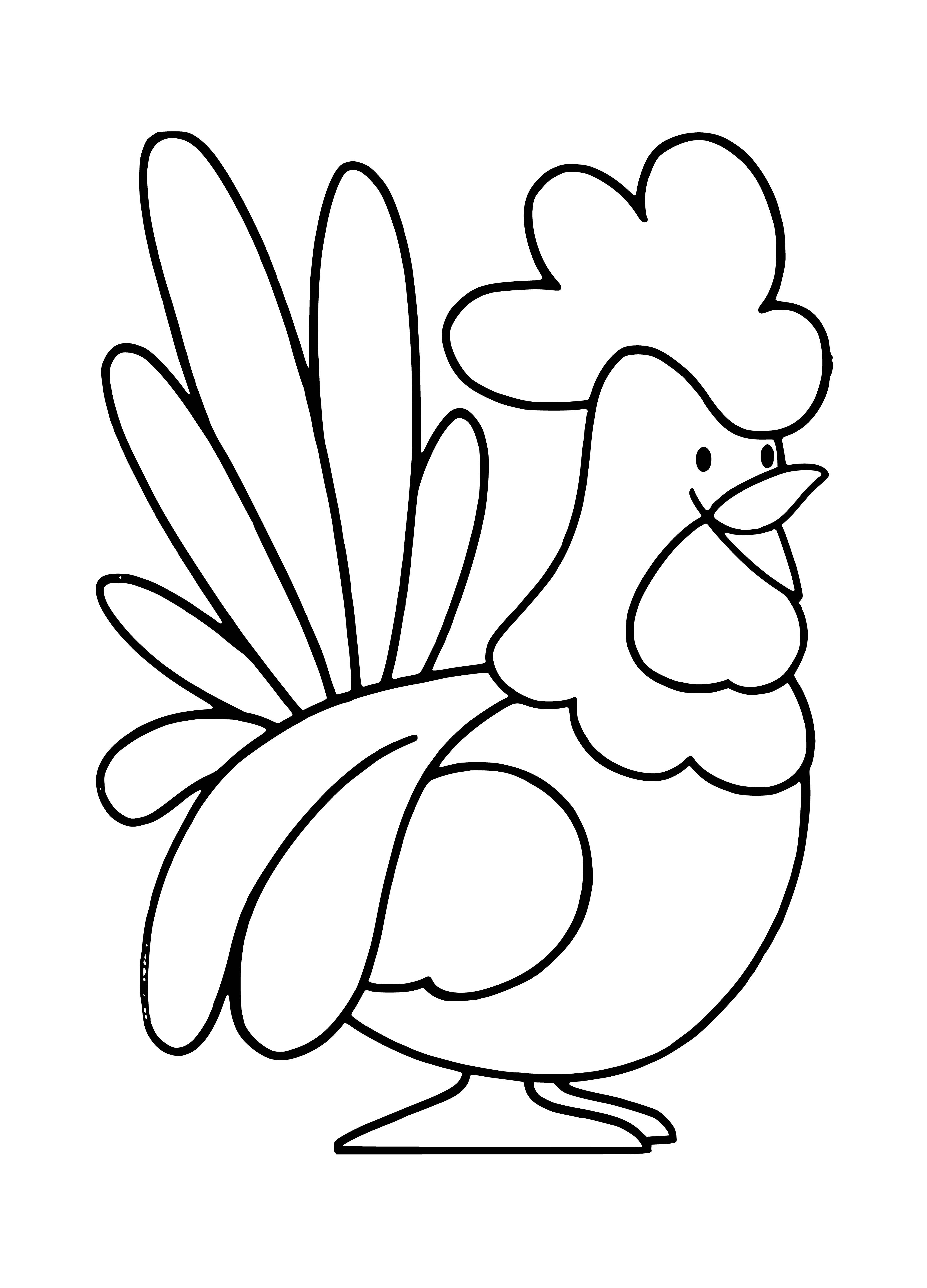 coloring page: Toy rooster made of plastic, brown & white, with big eyes, red comb, & pointy tail.