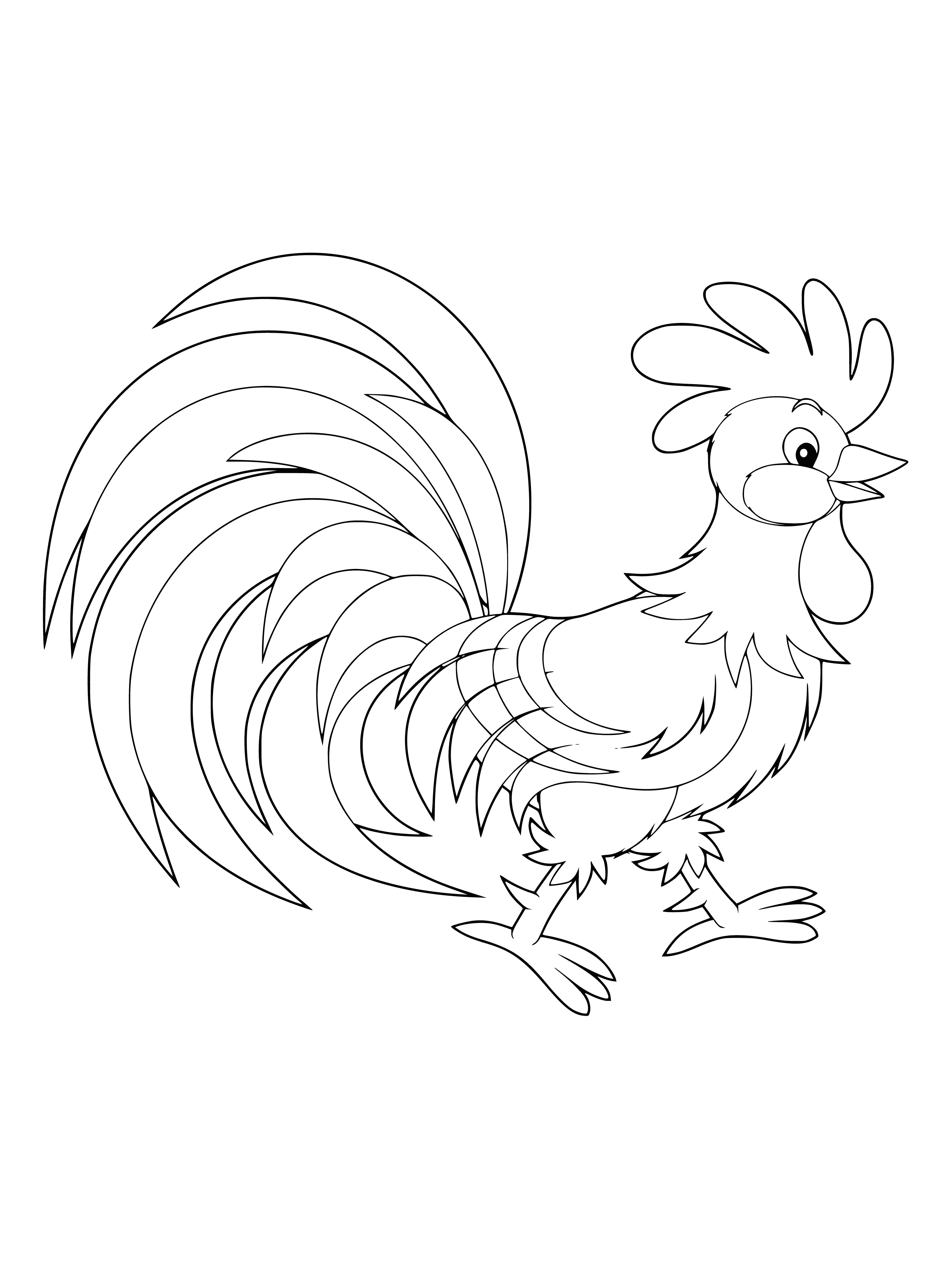 coloring page: A rooster with a red comb stands on a fence, looking left. Brown and white tail, one leg up.
