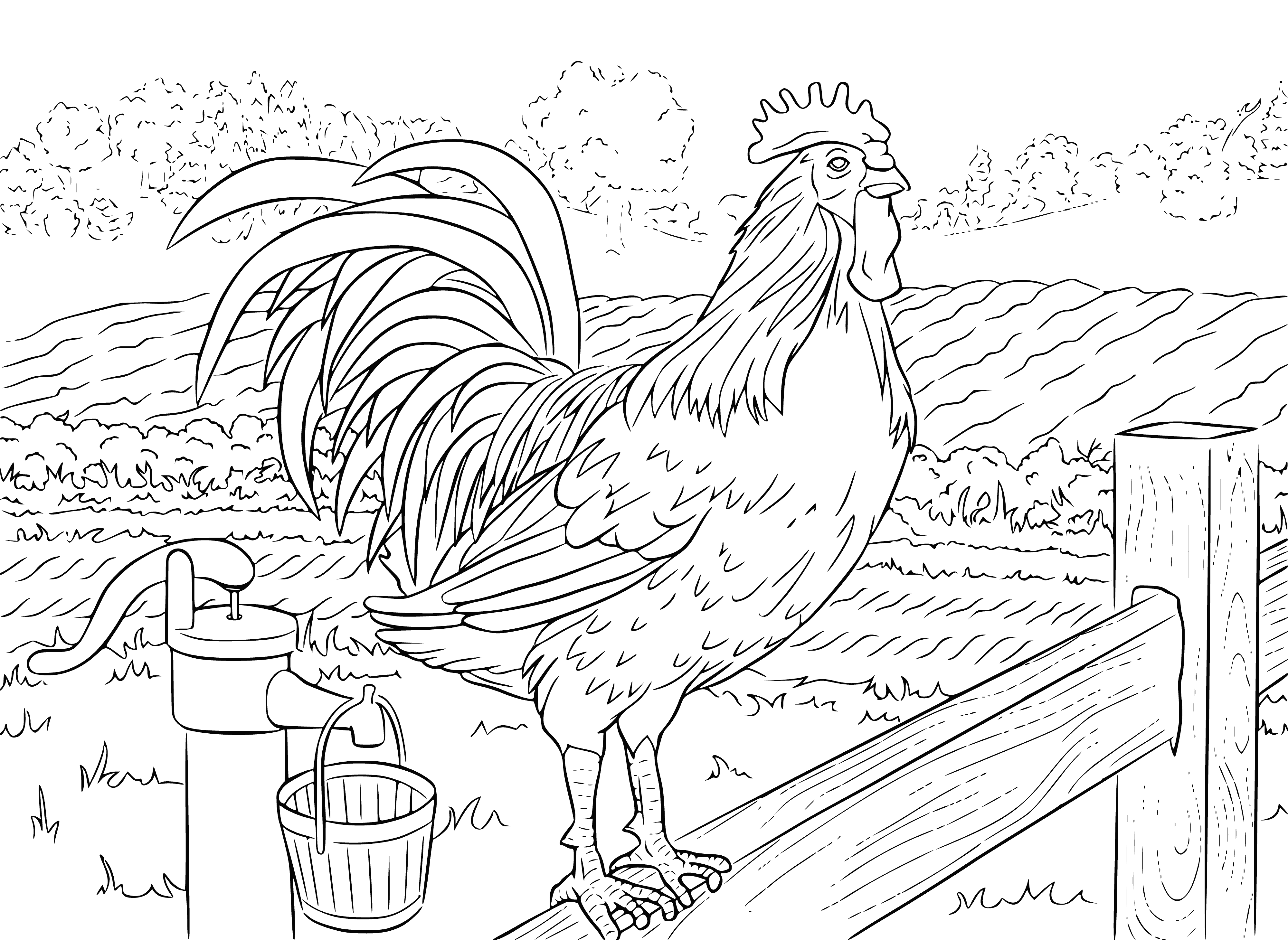 coloring page: Rooster perched atop fence, red crest/wattles, black feathers, long curved beak, yellow eyes. Sun shining, sky blue, green field, trees in distance.