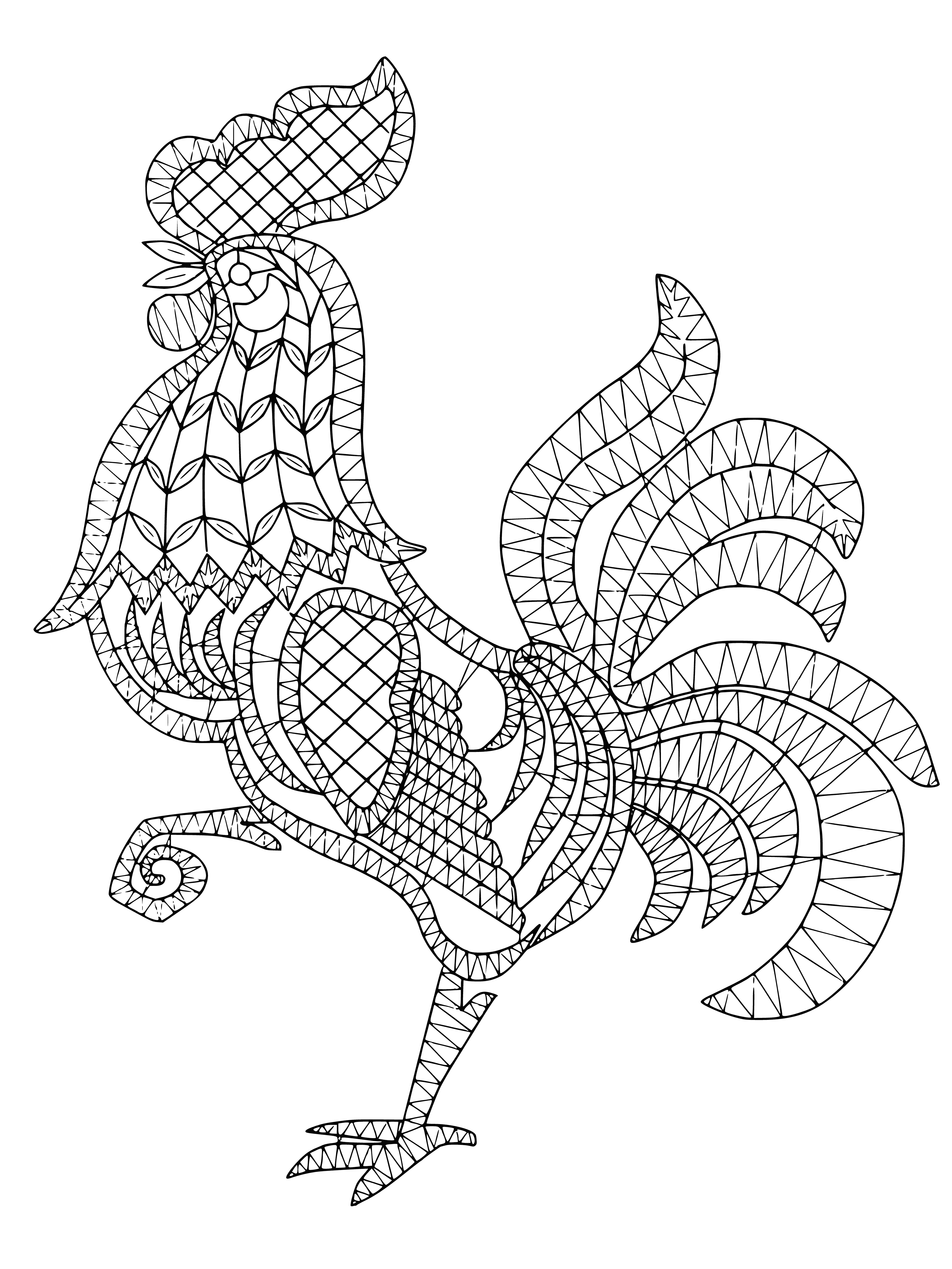 coloring page: Rooster staring at the camera, red and white feathers, crown, long tail.