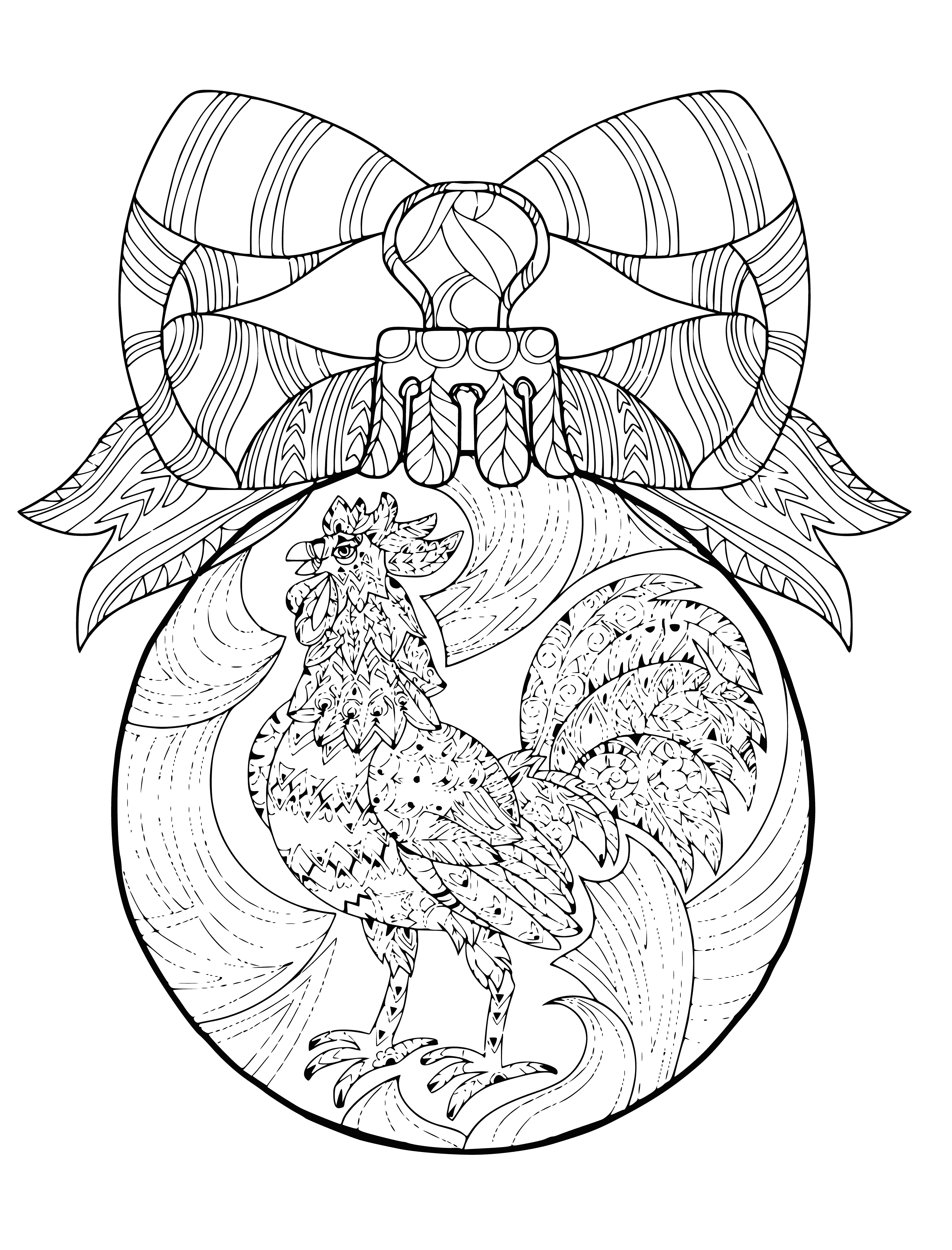 coloring page: Adorable rooster-shaped Christmas ball perches atop snow-covered surface with red-white colors, green wreath & gold star on head.