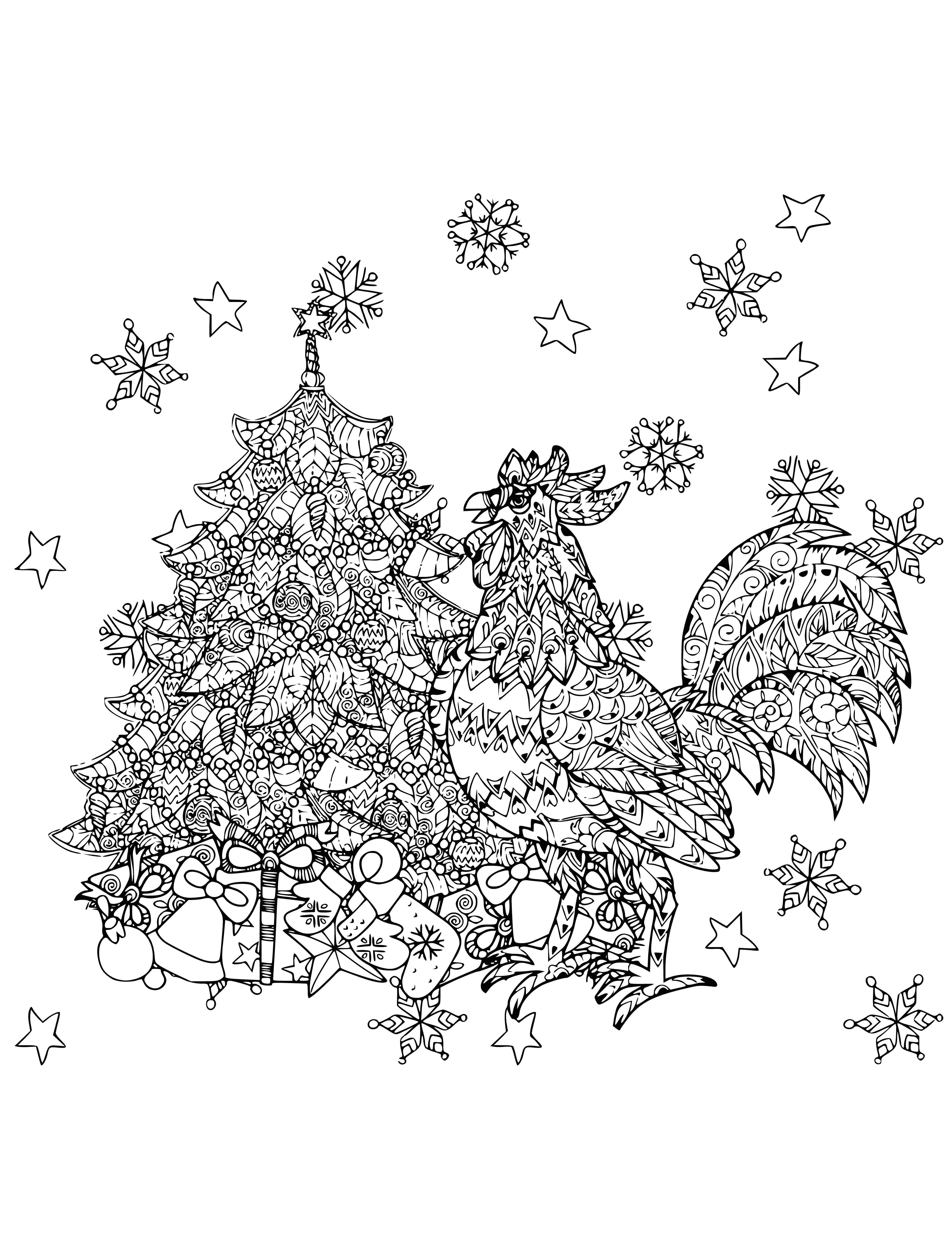 coloring page: A rooster atop a Christmas tree, lights in its beak, and snow on the ground. Bright red and green lights, with deep green leaves. #ChristmasMagic