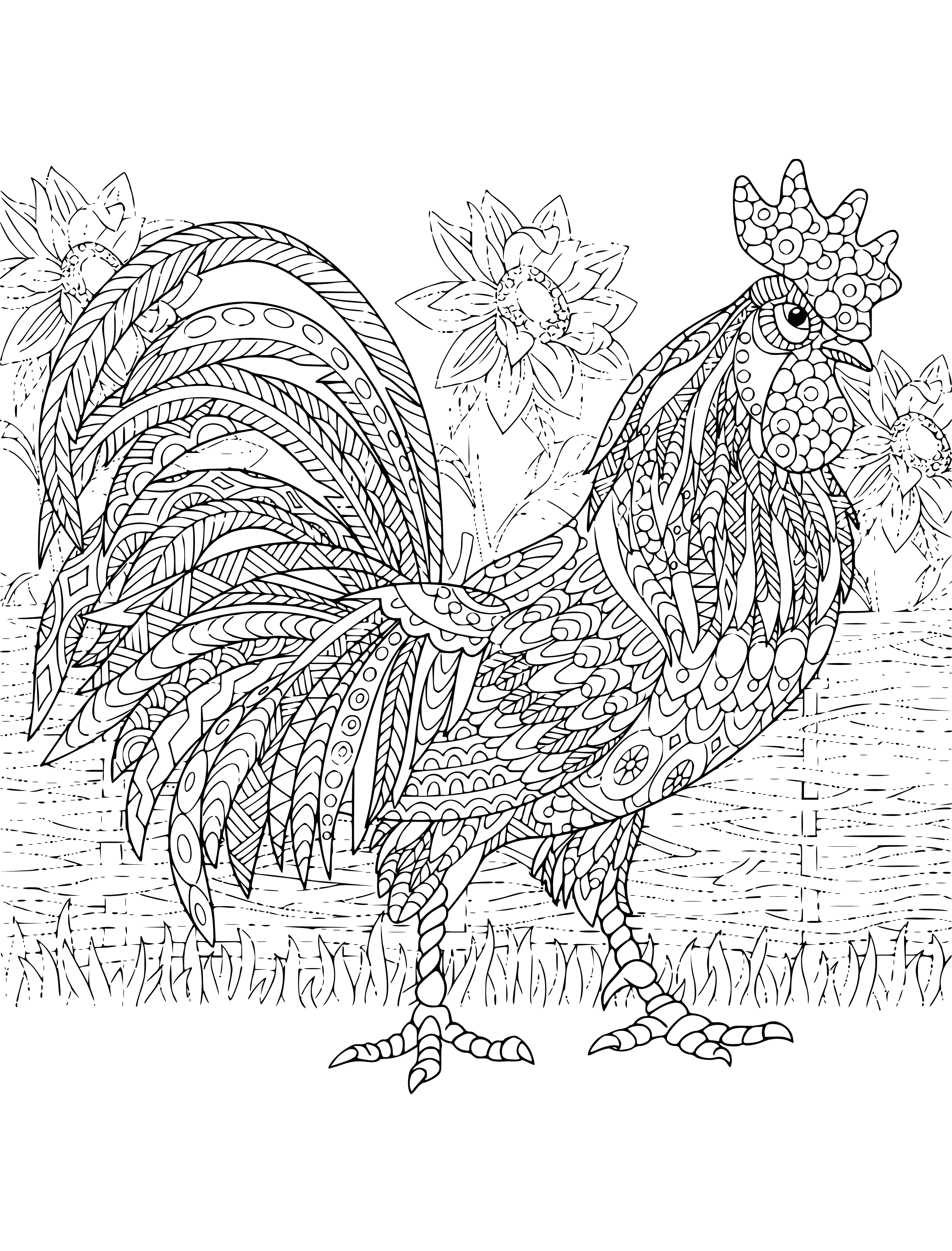 coloring page: Rooster standing atop wattle fence, long tail feathers pointing back, head tilted down, open beak & closed eyes.