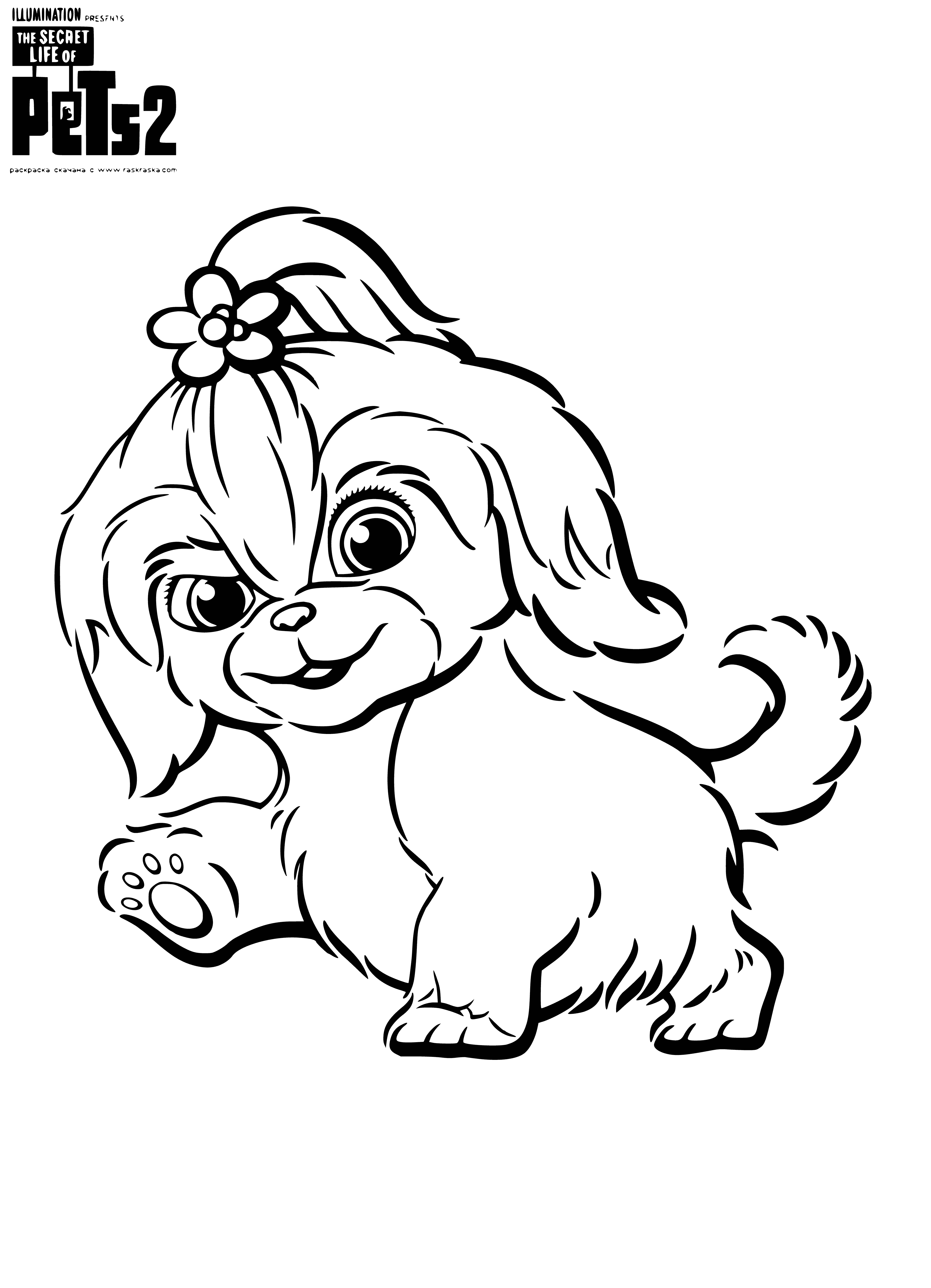 coloring page: Small white dog with black spots relaxes on large green leaves with tongue lolling out, eyes closed.