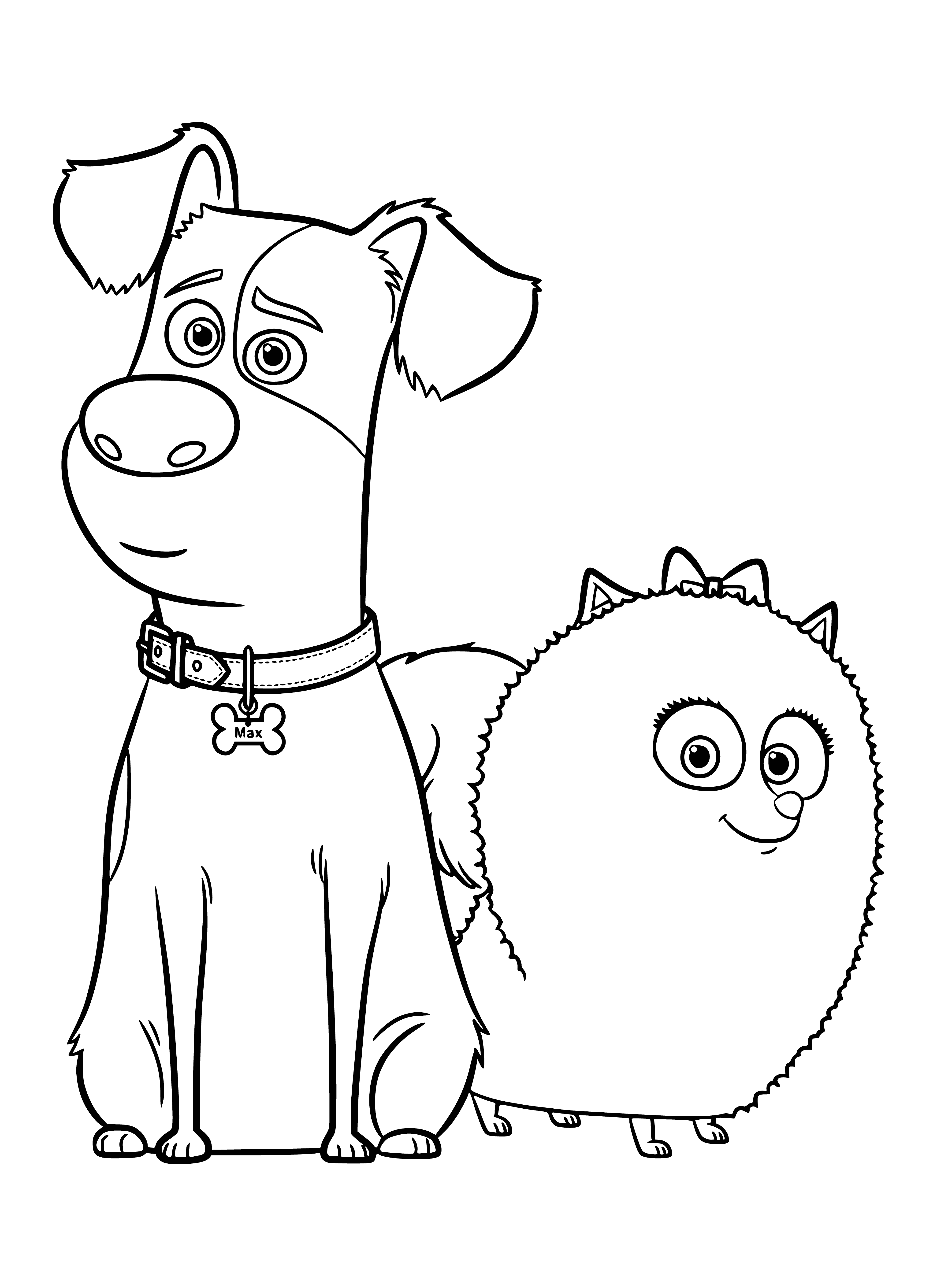 coloring page: Two happy dogs sit in a room with a plant and a clock, one atop a yellow chair facing the other.
