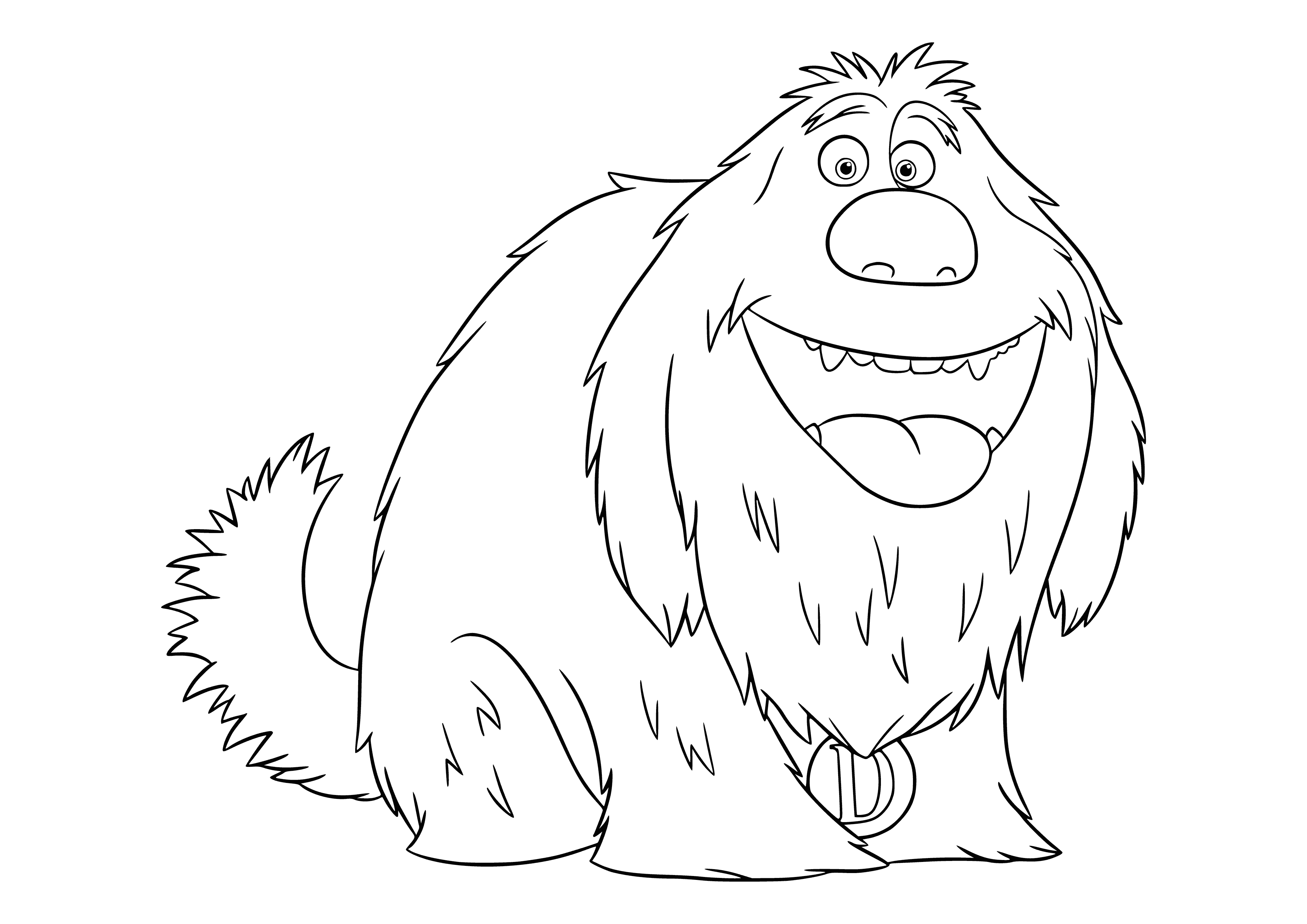 coloring page: Duke, a large, shaggy brown dog with a black nose, floppy ears, friendly demeanor, and a red collar with gold tag.