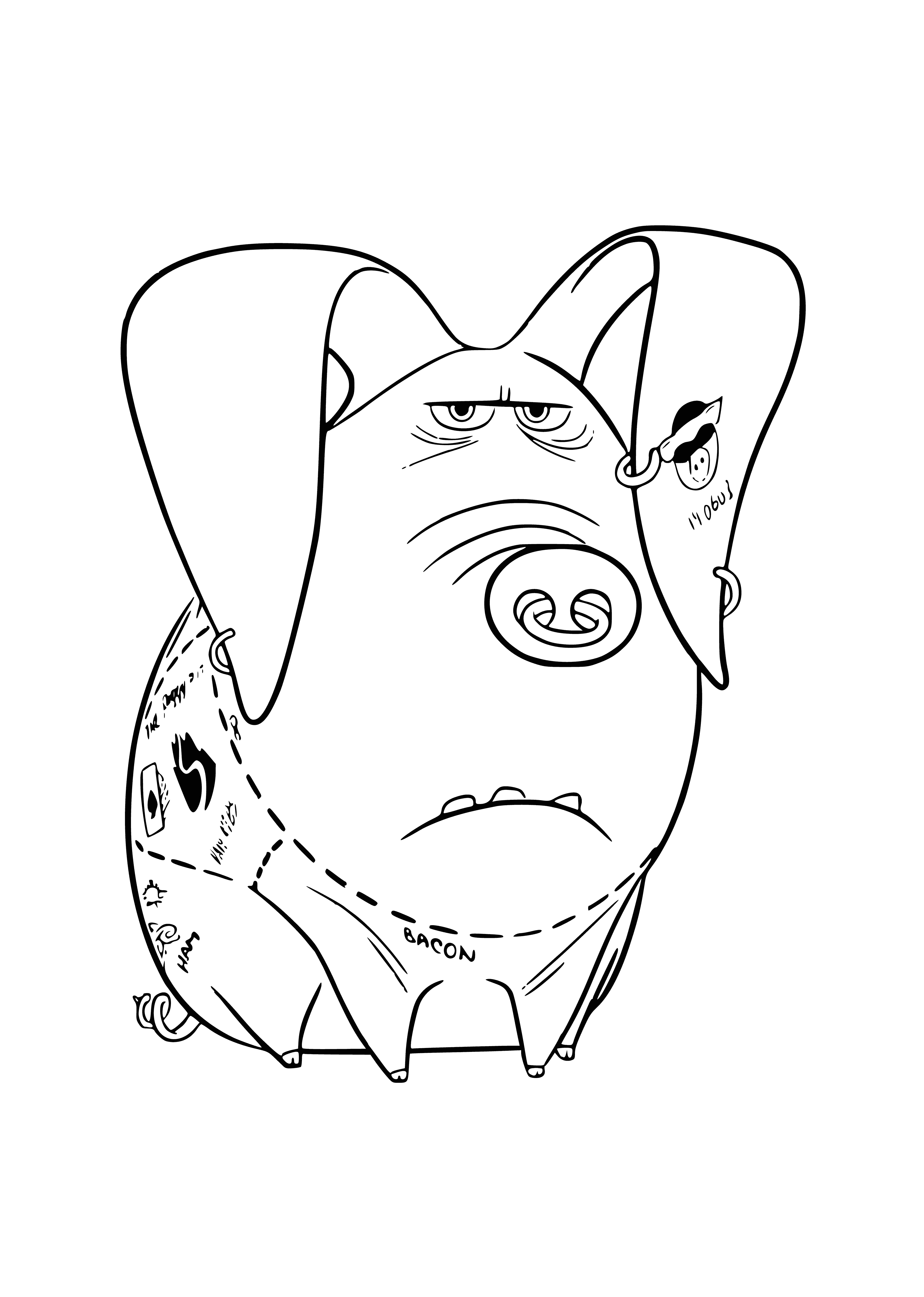coloring page: Pig sits on floor eating from bowl, window behind it.