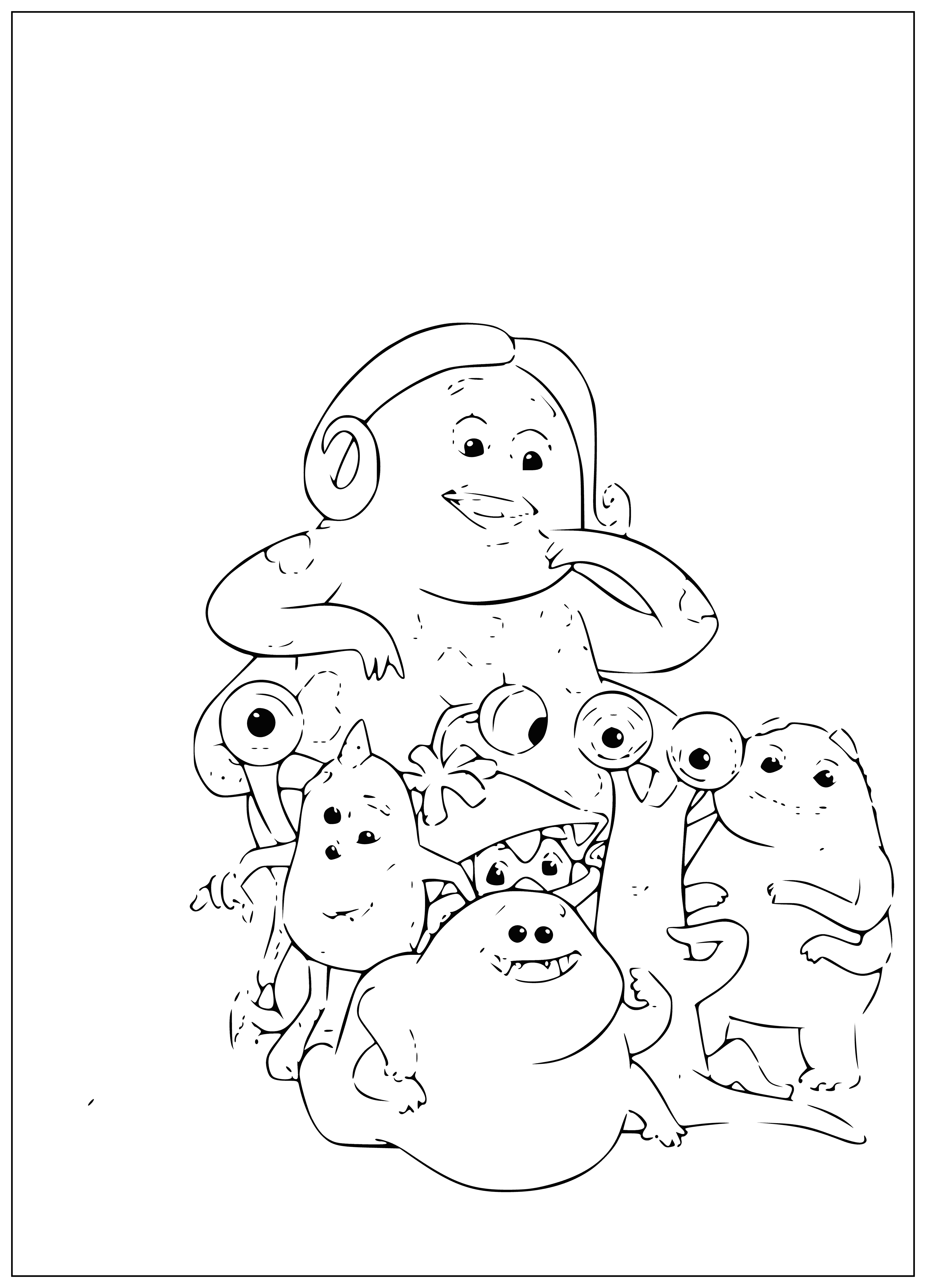 coloring page: Large yellowish-green monster with four eyes, holding blue ball and four smaller monsters looking at him. Four different colors, unique features.