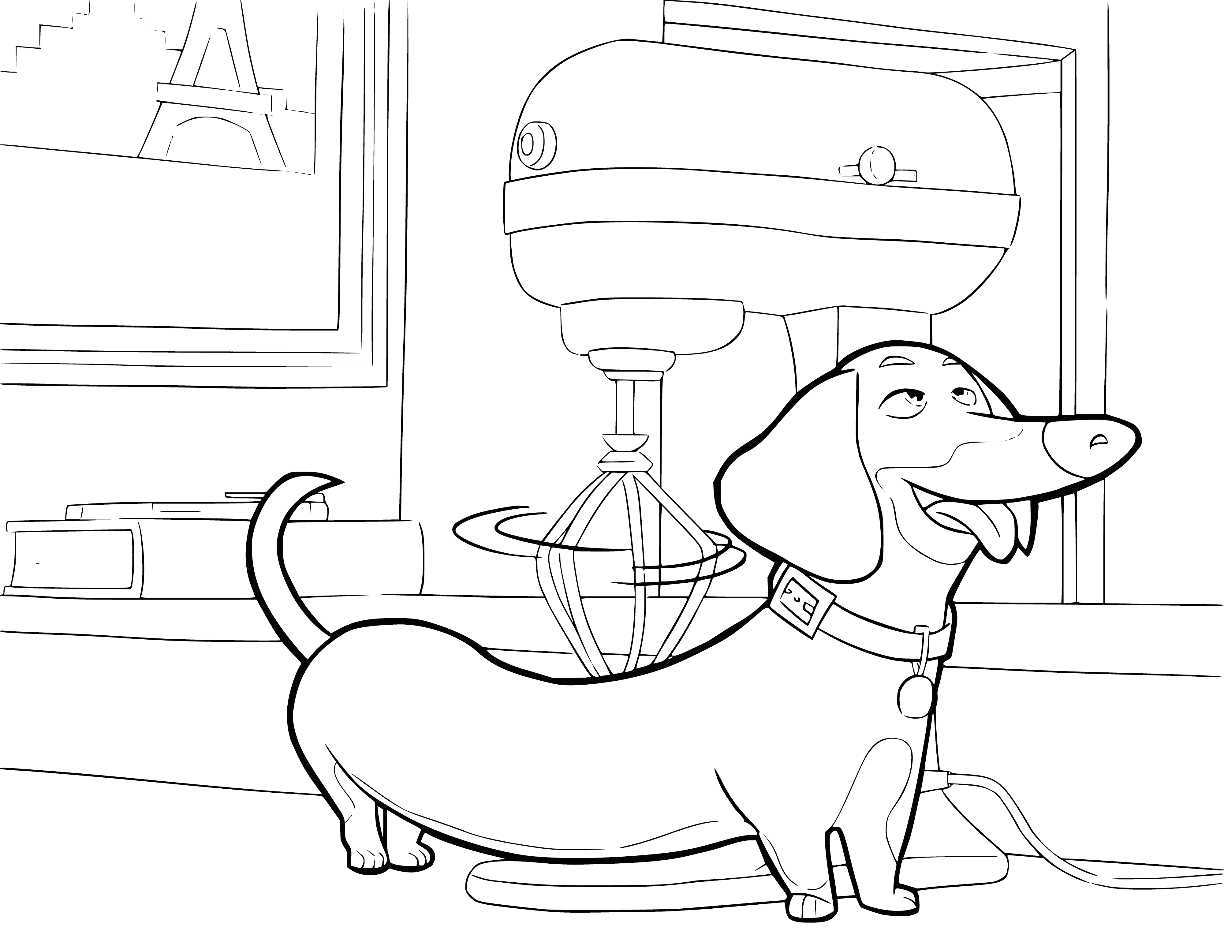 coloring page: Dog and cat in front of a fence; dog has tongue out and cat has yellow eyes.