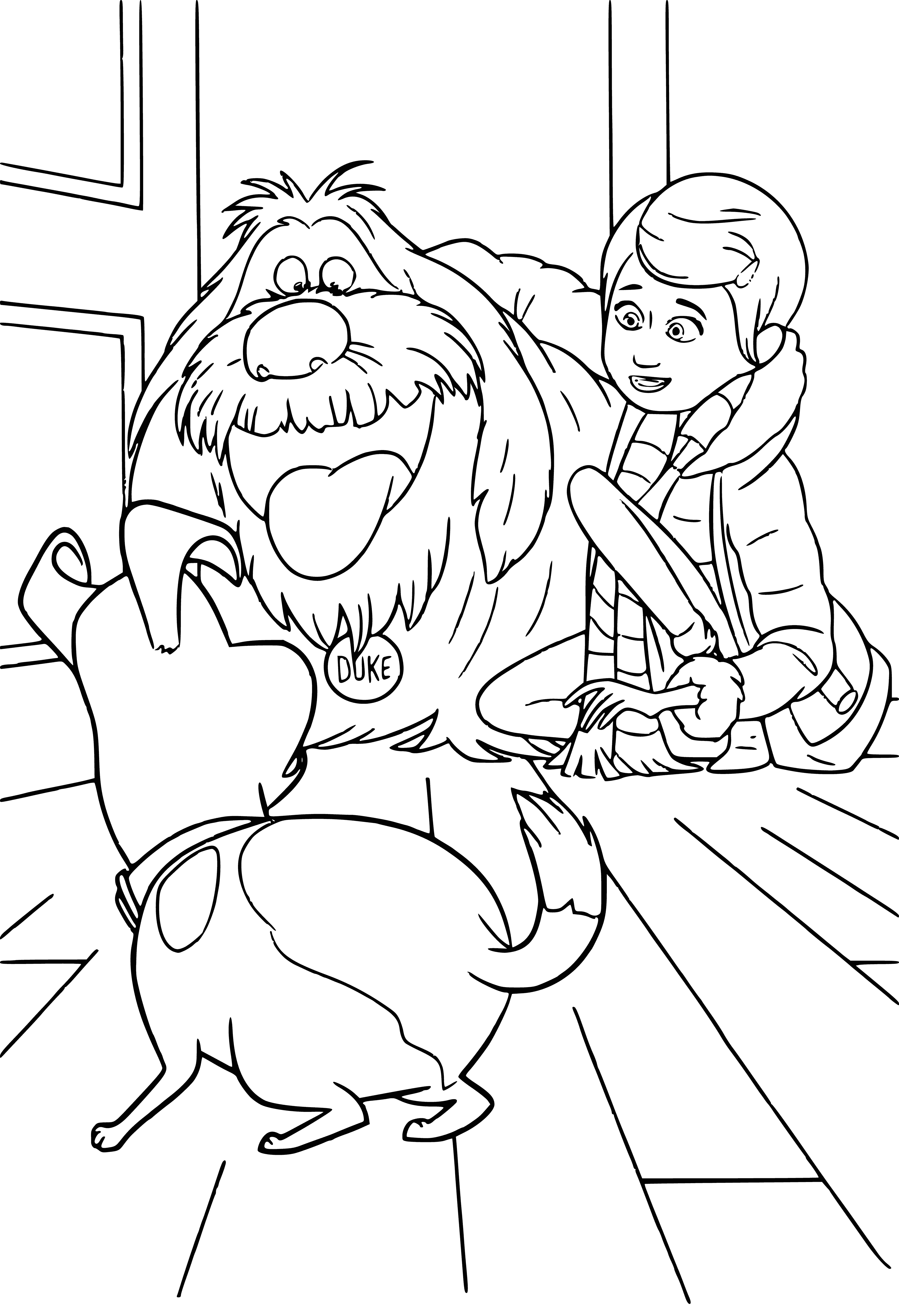 coloring page: Big brown dog Duke towers over scared white pup, both sitting on a blue mat.