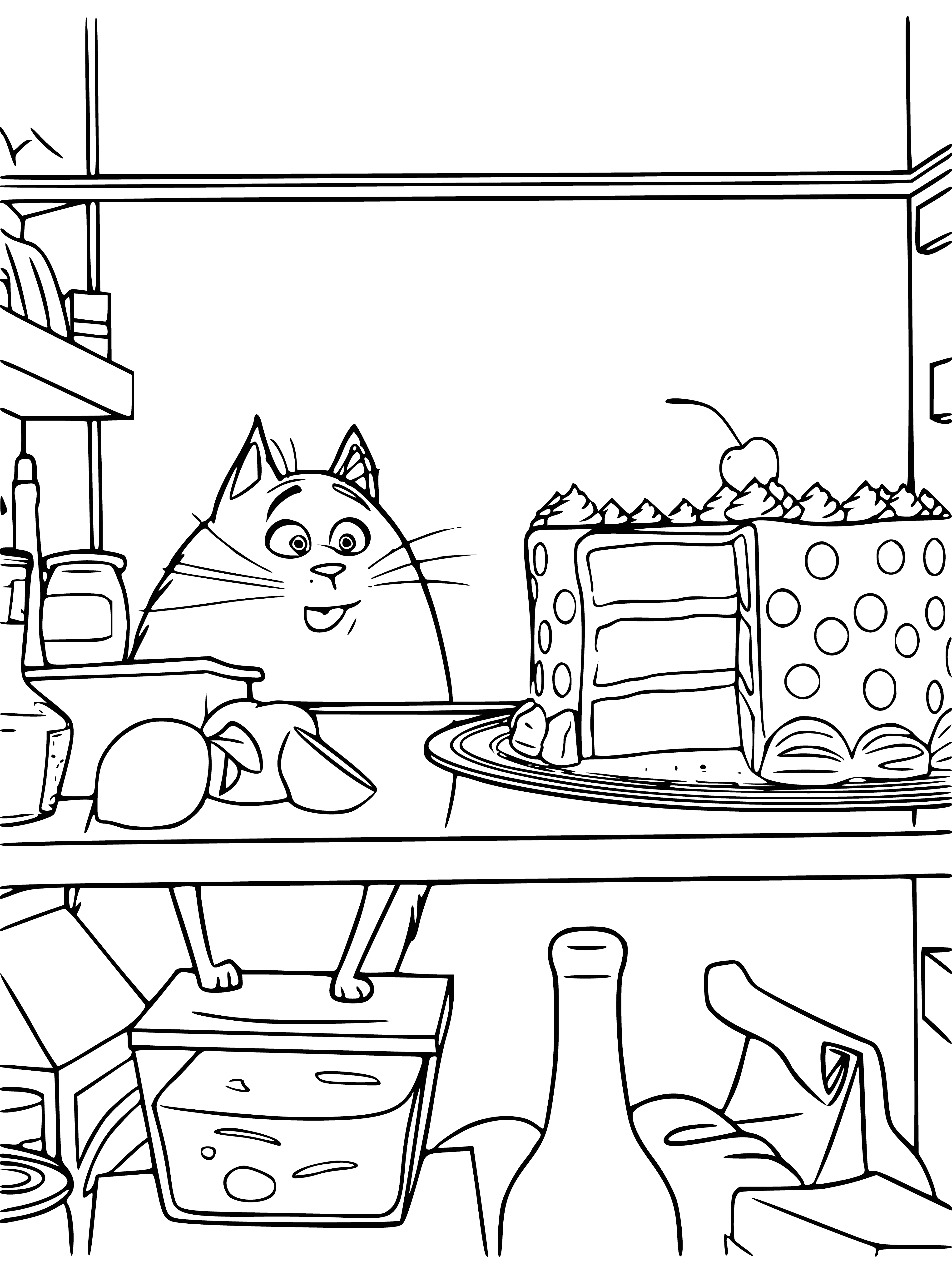 coloring page: Small white dog w/ black spots lying on red cushion; mouth open, sharp teeth, eyes closed. Round cake w/ two candles on ground next to it.