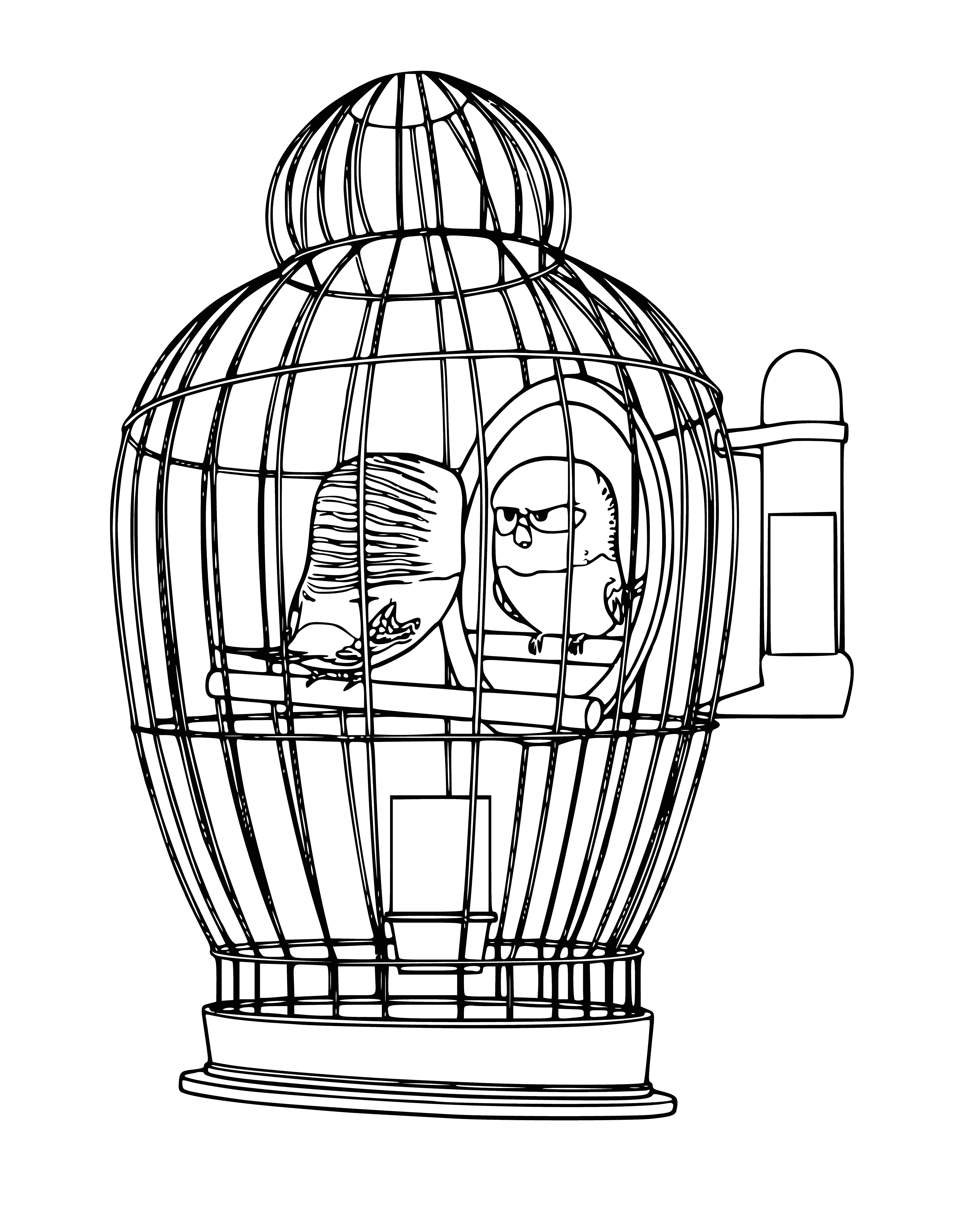 coloring page: Parrot in blue cage has green body, red beak and yellow bird on top, contentedly perched inside.