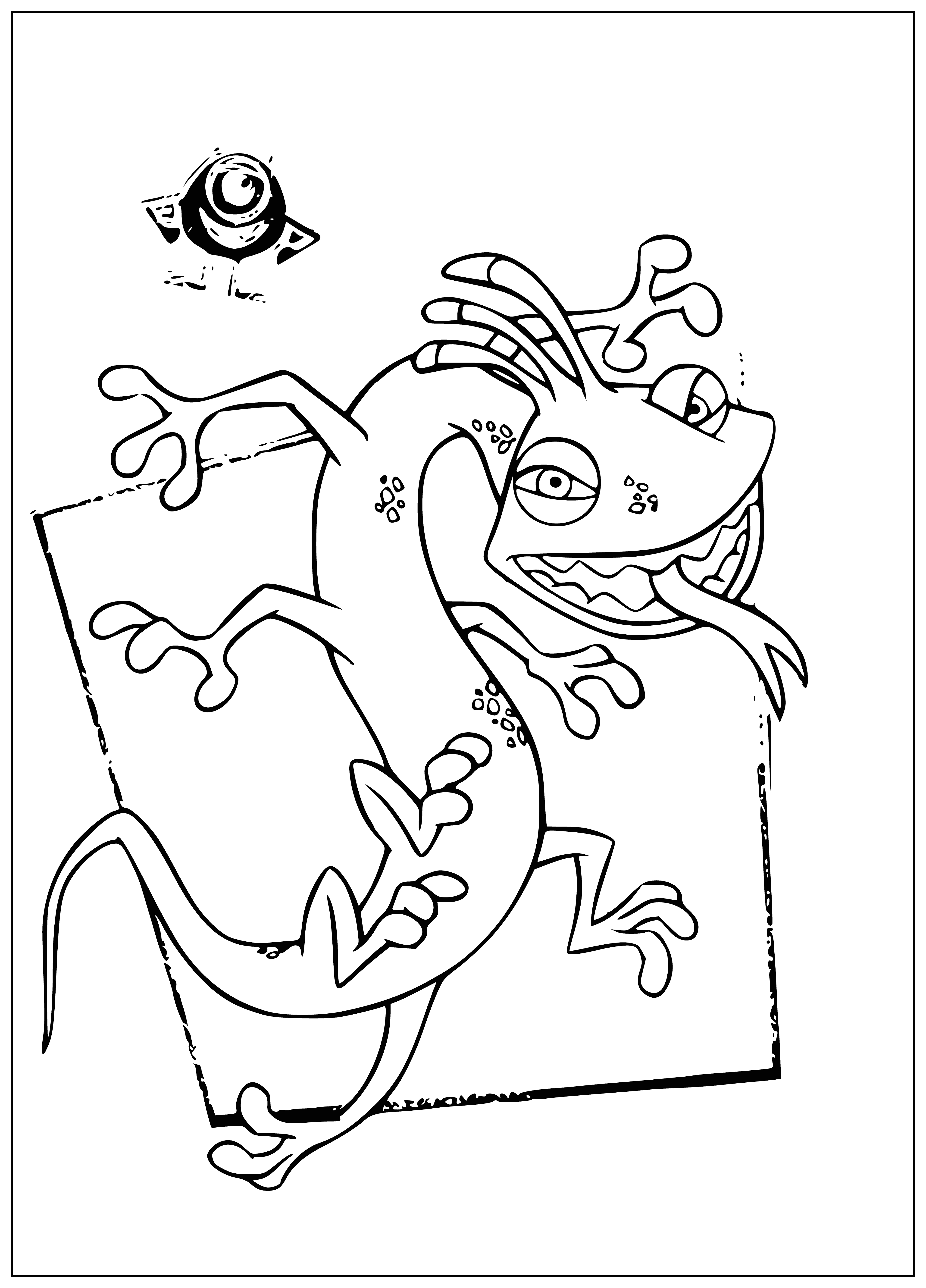 coloring page: Large, scaly purple monster with horns, snake-like tongue, yellow eyes, wearing a black cape, left hand holds a large black stick.