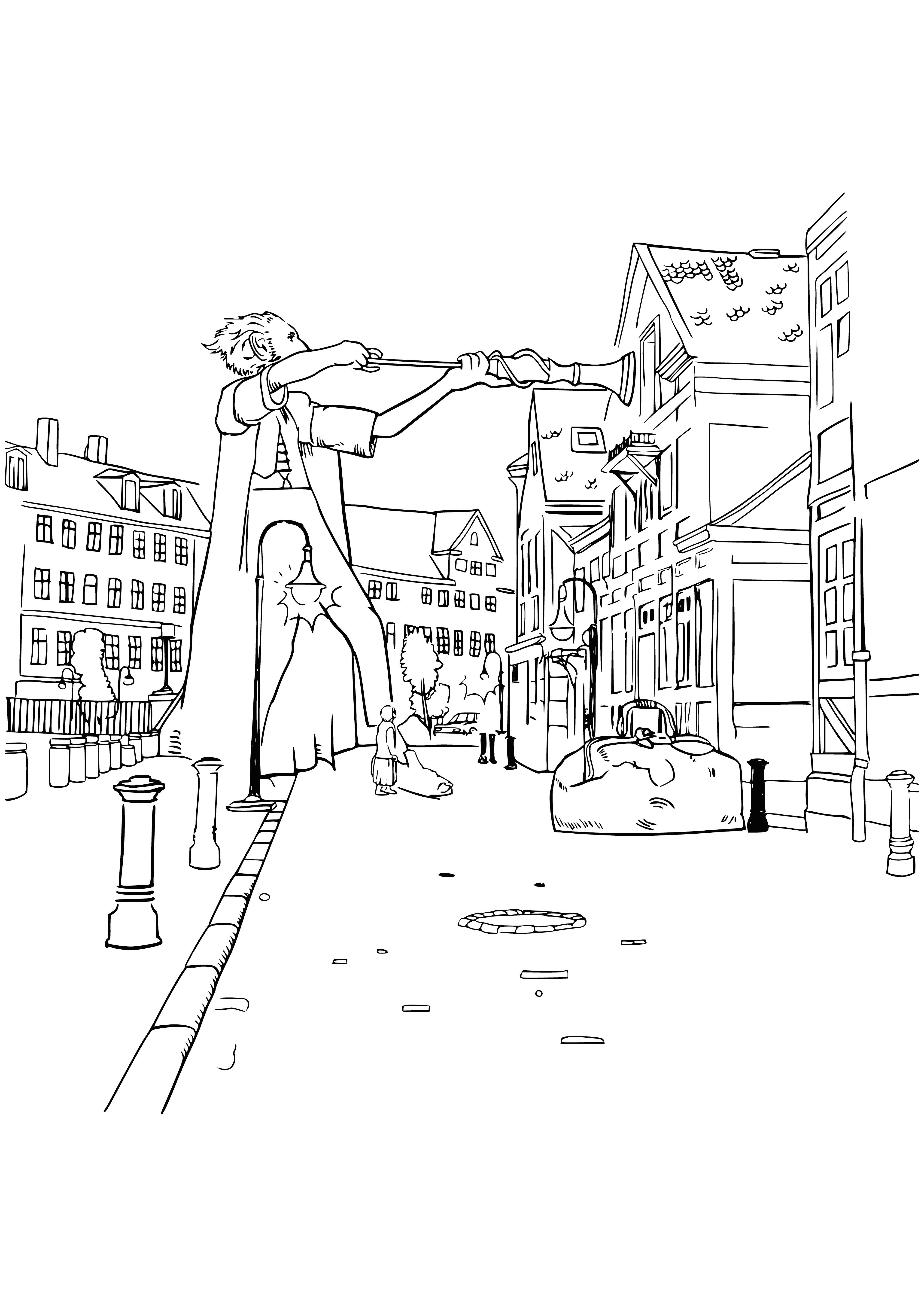 coloring page: Gentle giant carrying staff and sack towers above city, offering protection to its people.