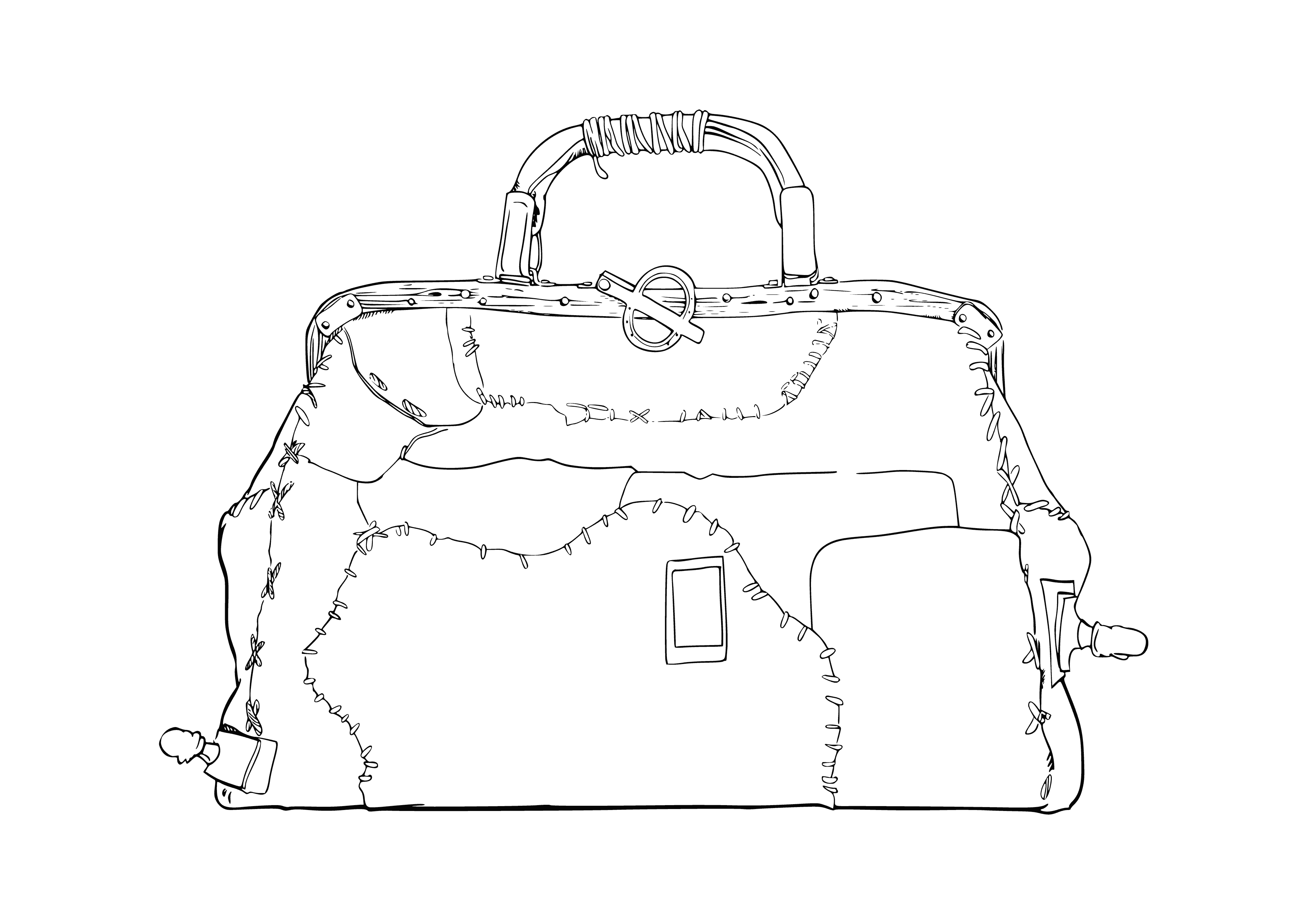 coloring page: Giant has huge leather bag filled with all sorts of things: bones, rocks, and sticks. Straps over shoulder.