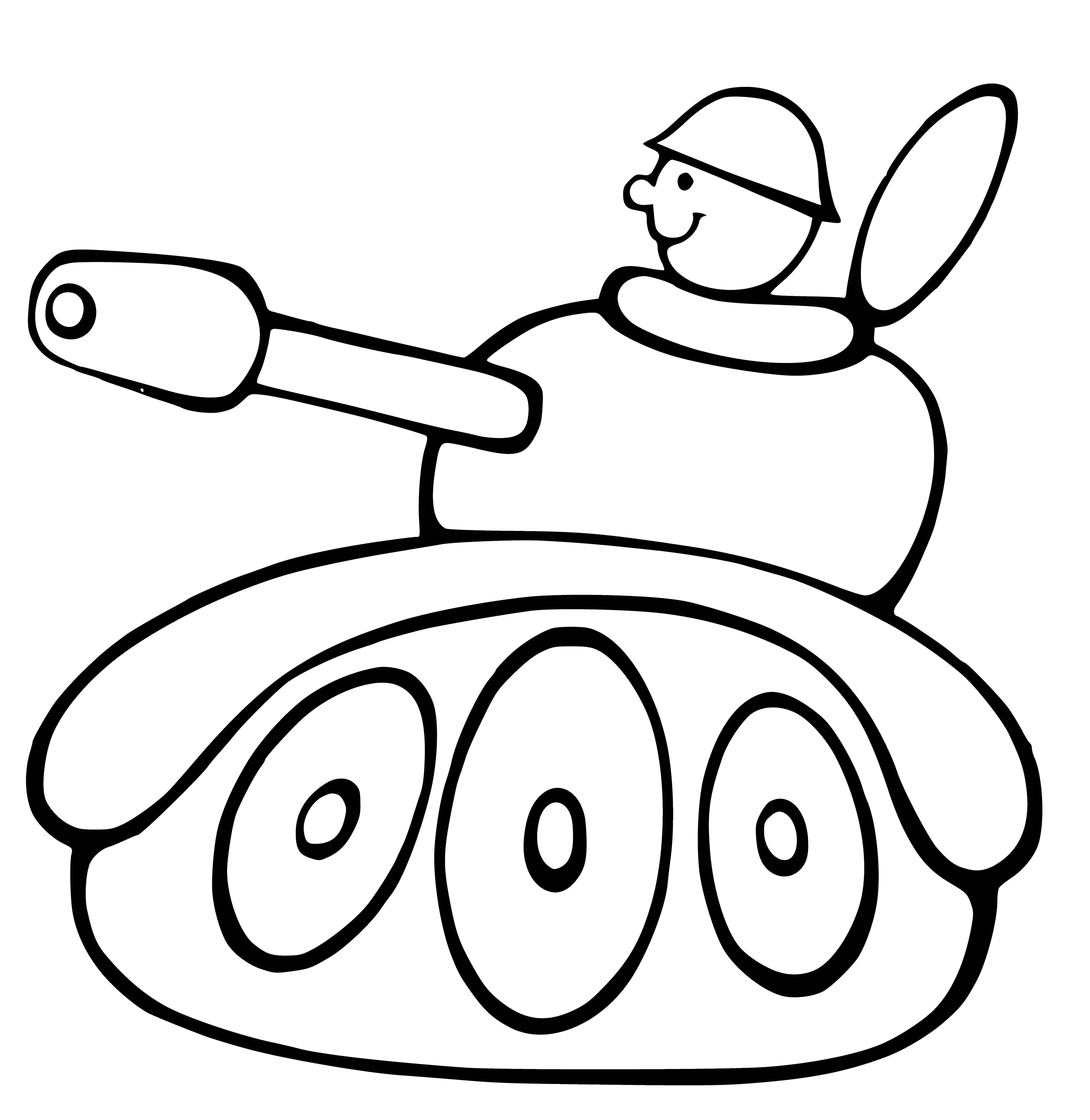 coloring page: Tank: cylindrical metal/plastic container on wheels for storing/transporting liquids/gases, w/curved leading edge, handles & spout for filling/emptying.