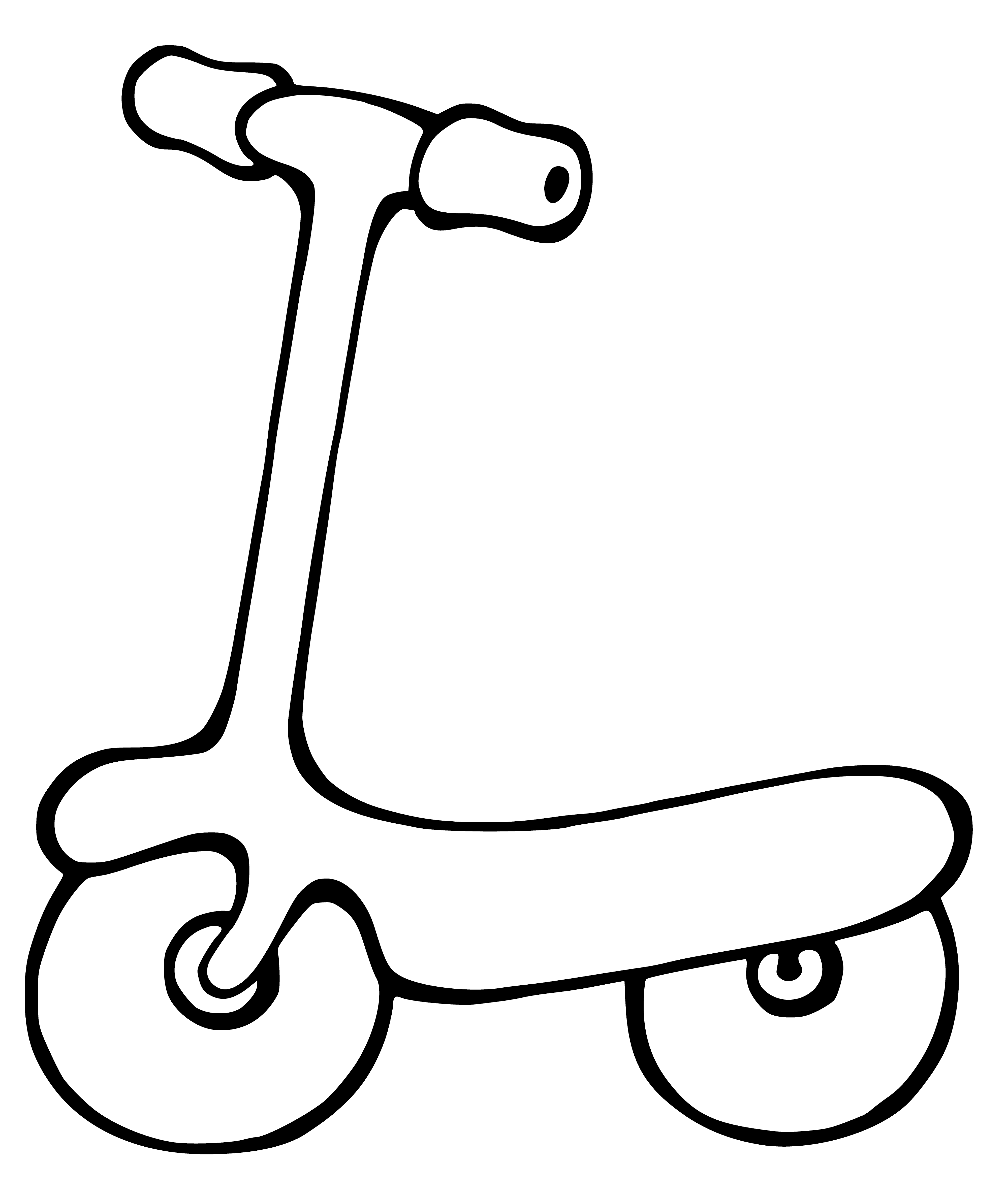 coloring page: Person riding a scooter on a path with two wheels & a standing deck between wheels, holding handlebars in front.